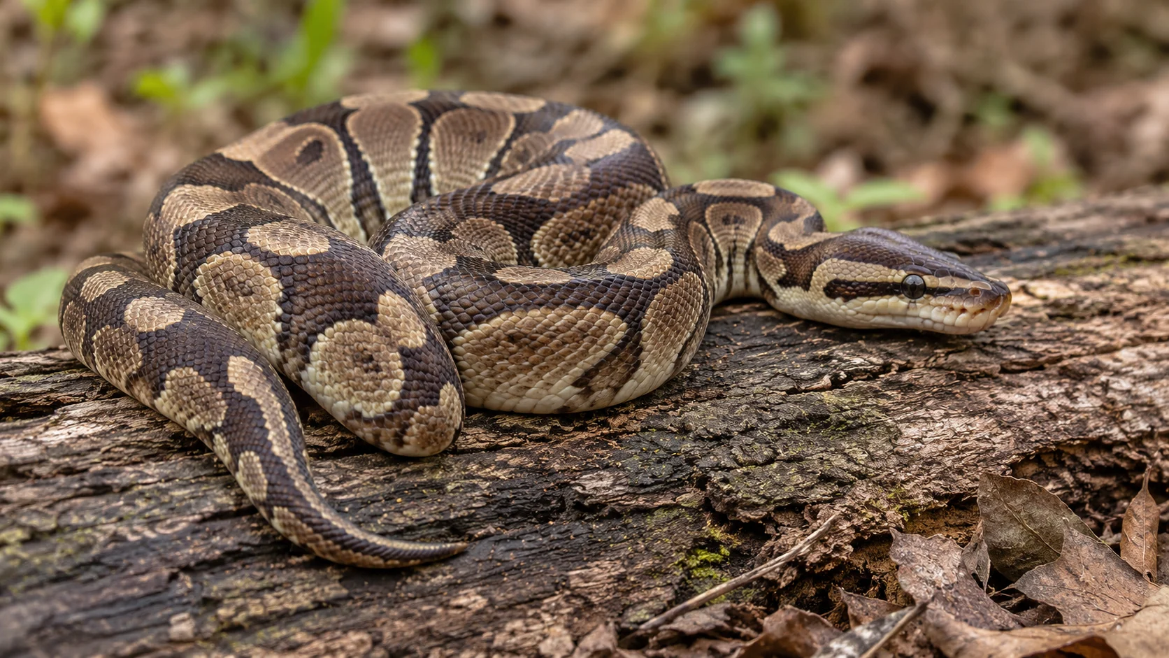 Seasonal Diet Variations in Reptiles 5 AI-generated photorealistic image of a brown-and-cream snake resting on a log