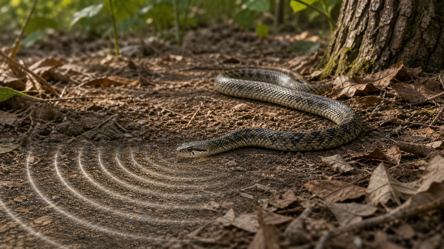 Can Snakes Hear? Sound and Vibration Detection 3 Snake resting on woodland soil as subtle ripples visualize ground-borne vibration