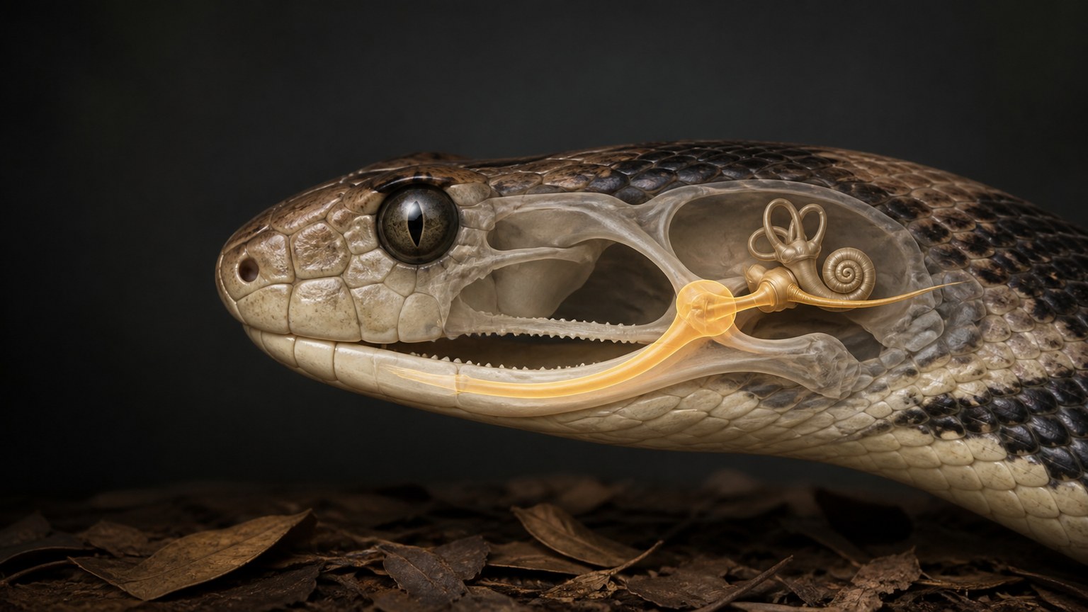 Can Snakes Hear? Sound and Vibration Detection 2 Educational cutaway showing how a snake’s lower jaw transmits vibration toward the inner ear