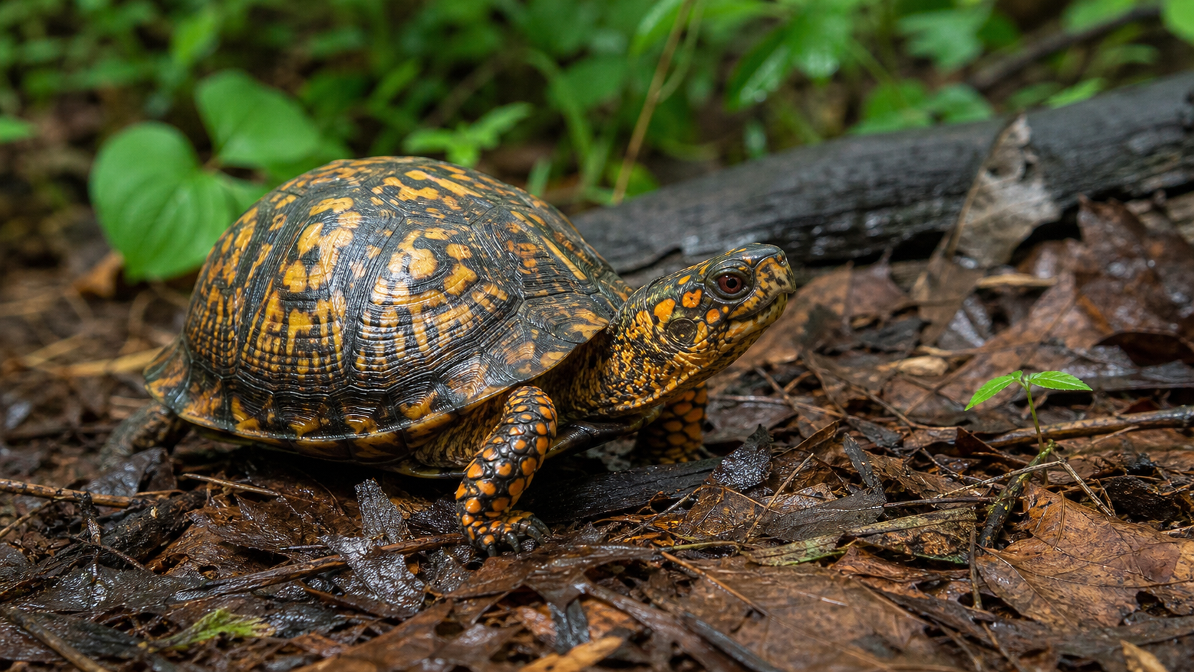 Eastern box turtle on forest floor