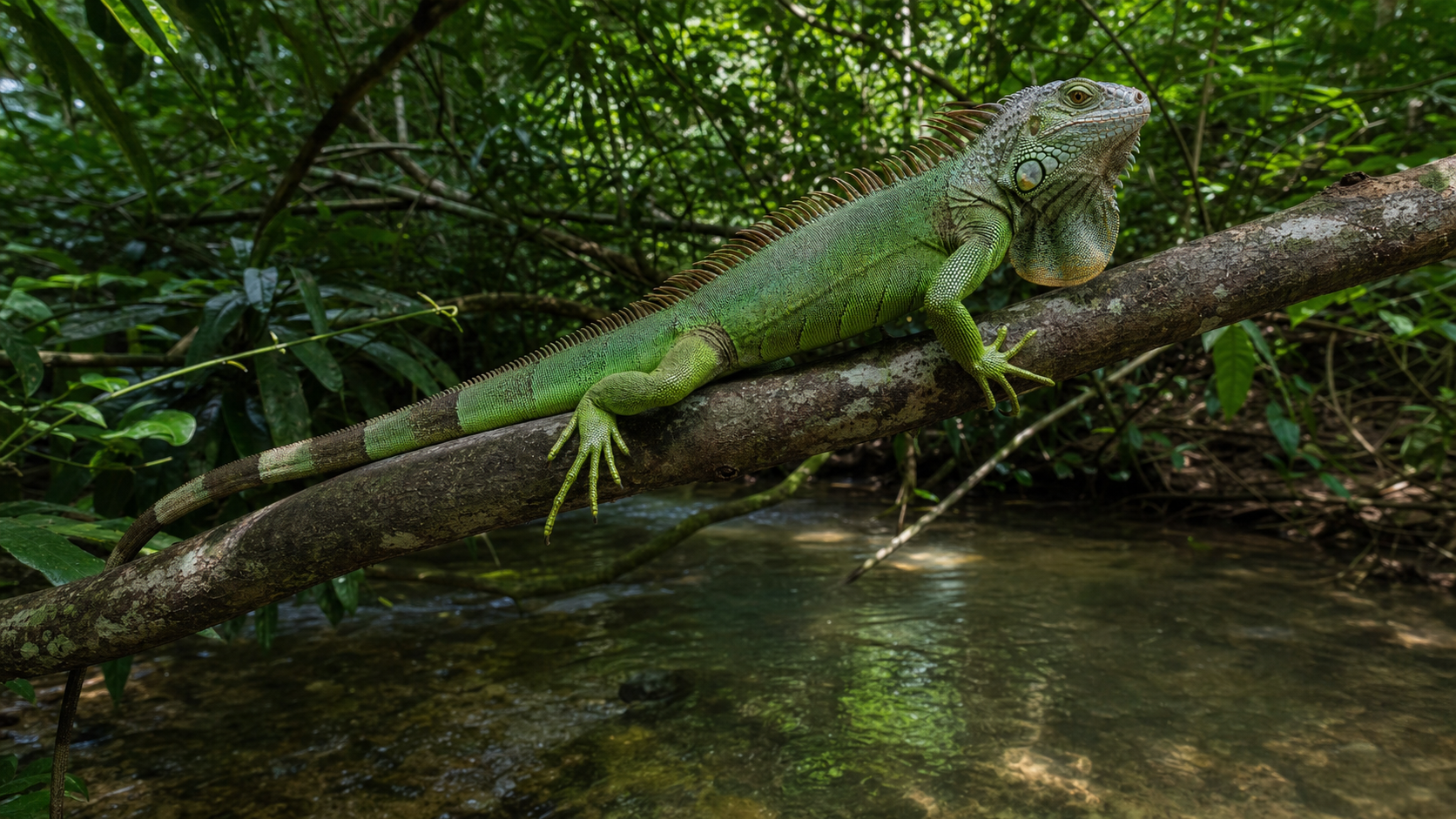 Reptile Diversity in the Amazon 3 Green iguana above an Amazonian rainforest stream