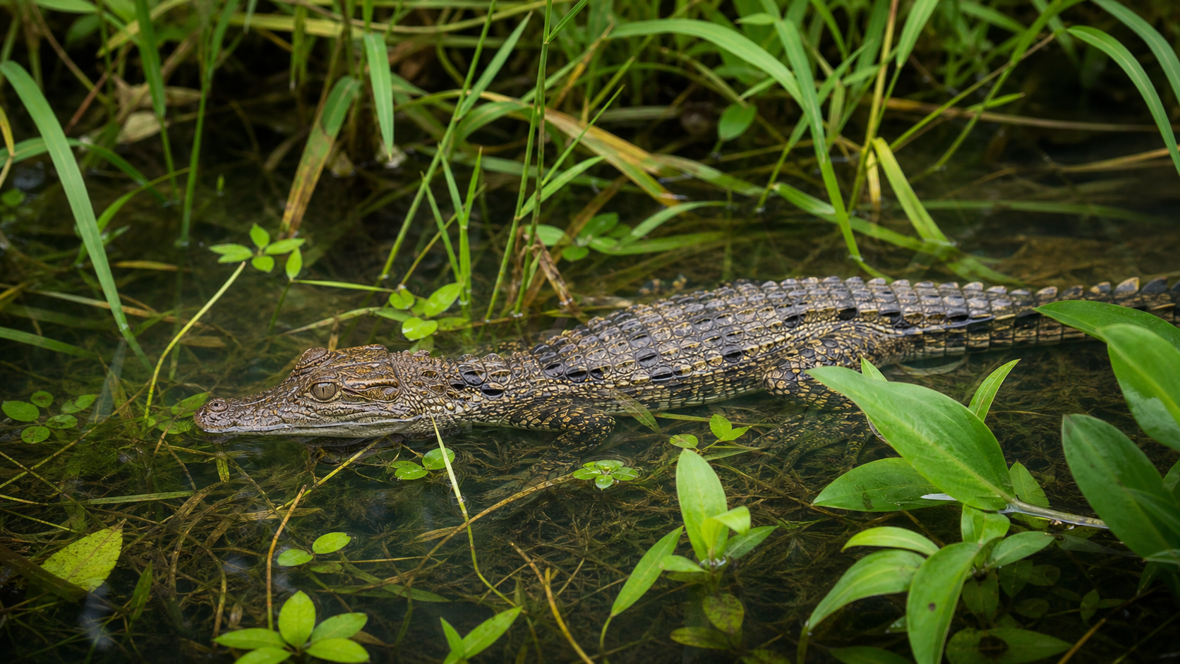 Young Siamese crocodile in shallow protected water