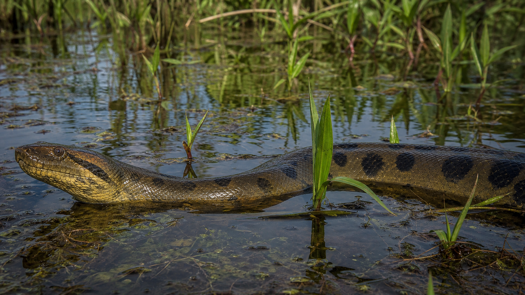 Green anaconda in a flooded Amazonian wetland