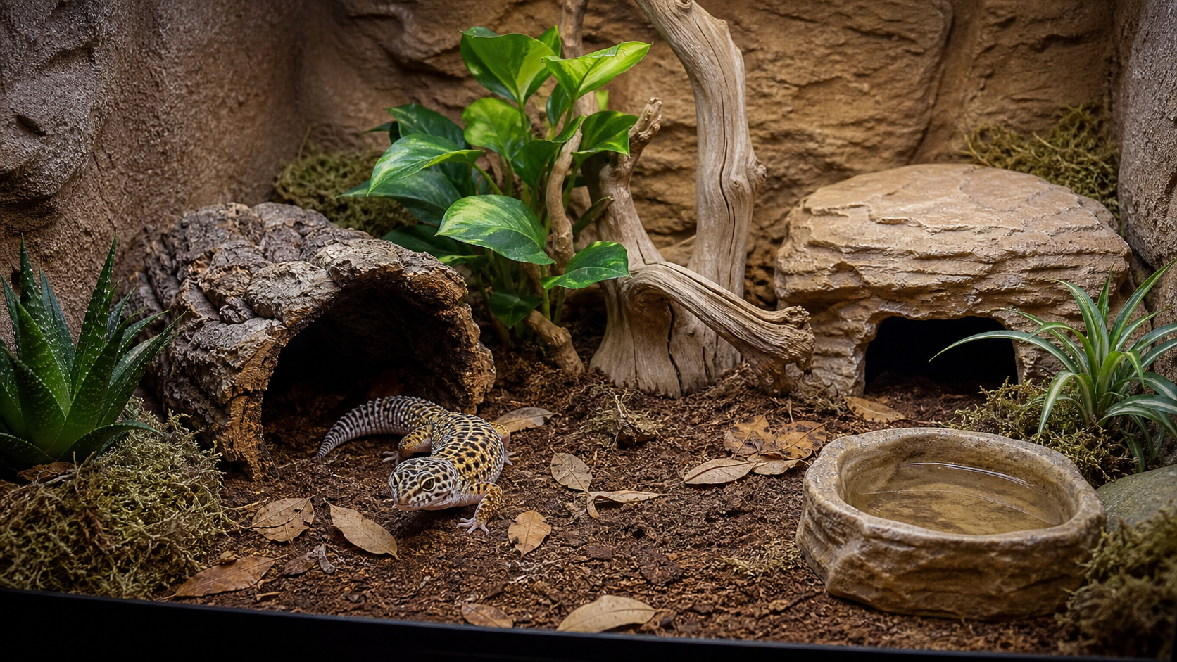 Appropriate substrate and hides in a reptile enclosure