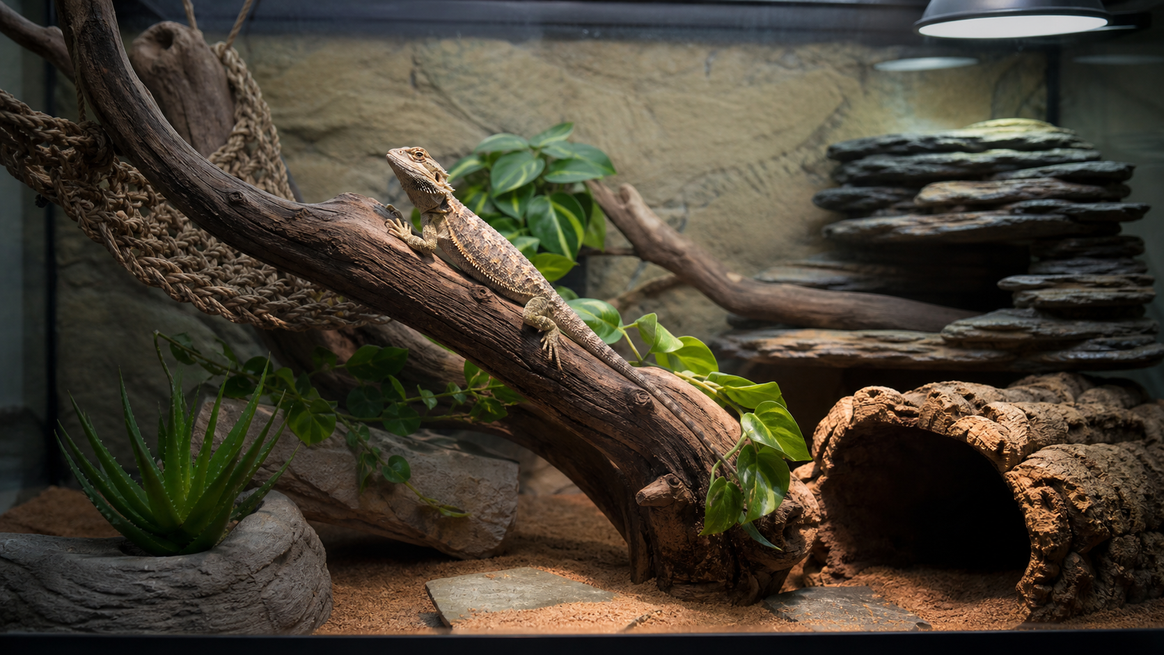 Enriched reptile enclosure with climbing structure