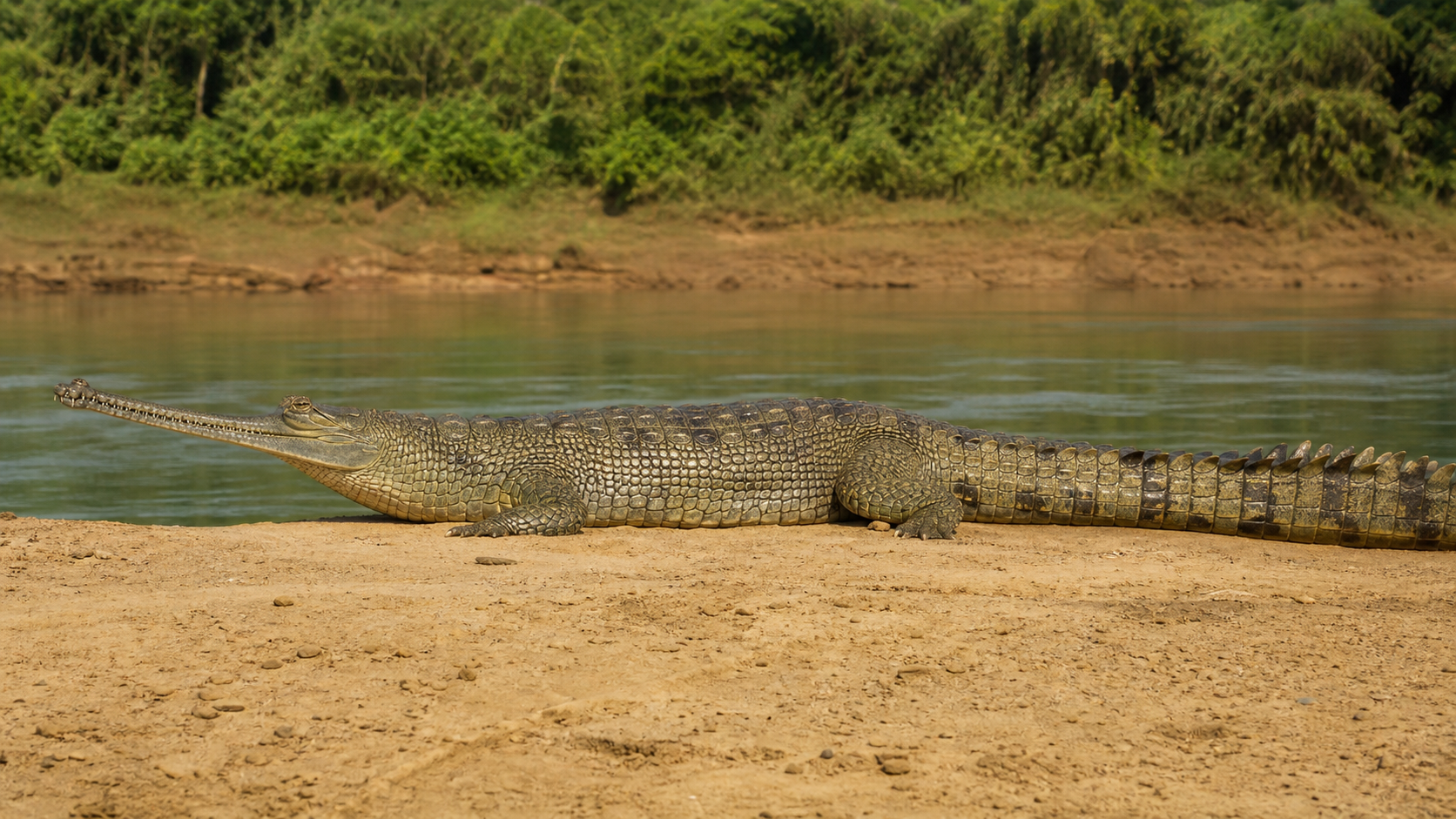 Adult gharial resting on a sandy riverbank