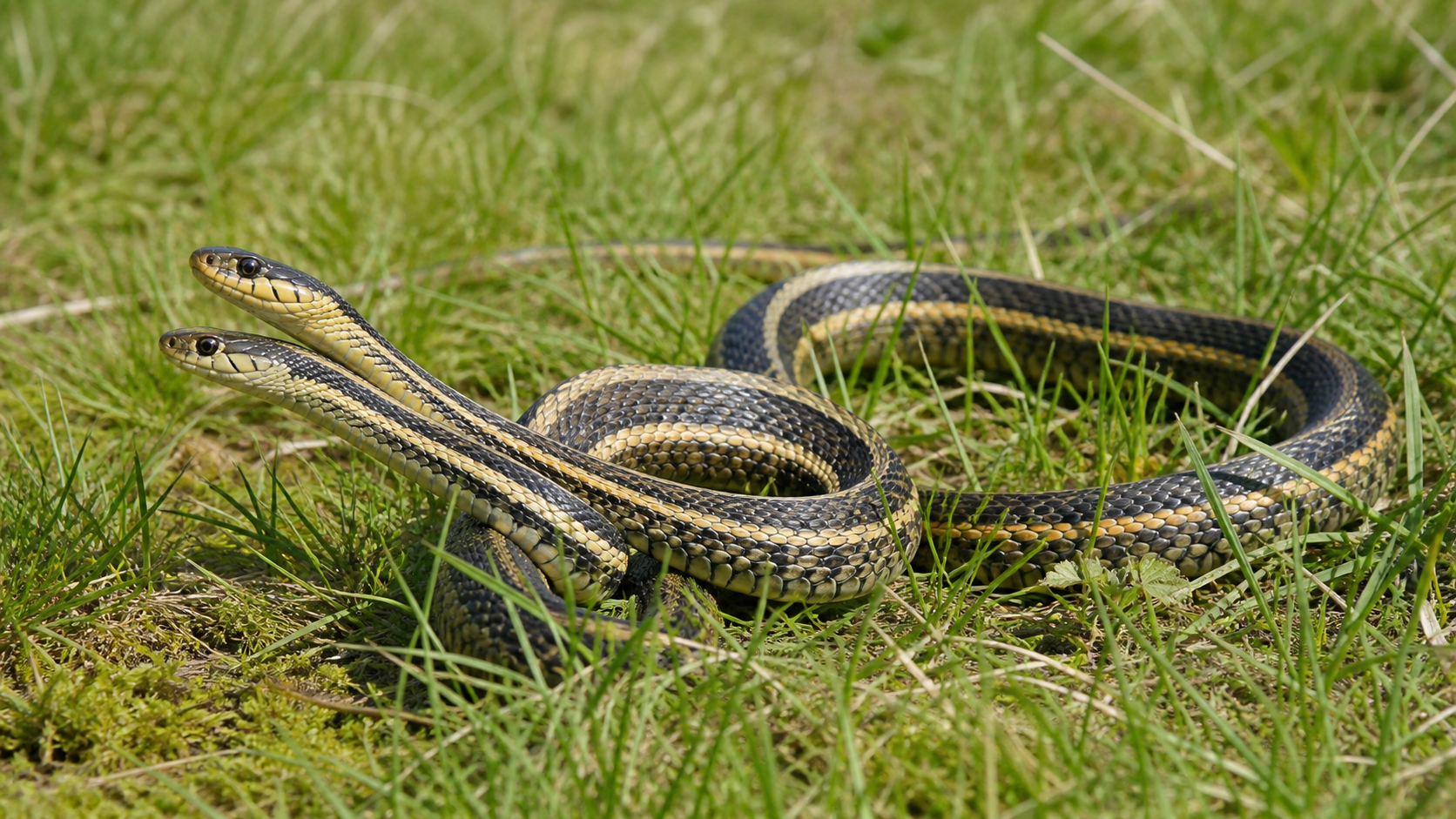 Reptile Courtship: Signals, Timing and Species Differences 4 Two garter snakes in calm courtship on spring grass