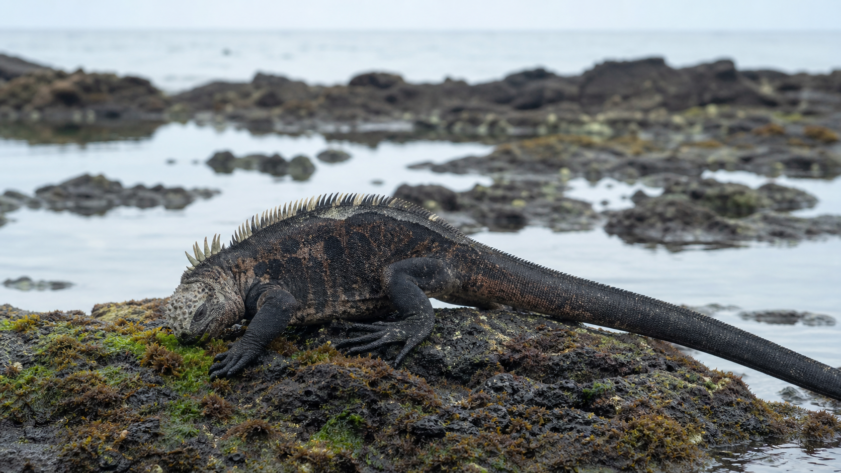 Reptiles With Specialized Diets 2 Galapagos marine iguana grazing algae on coastal rocks