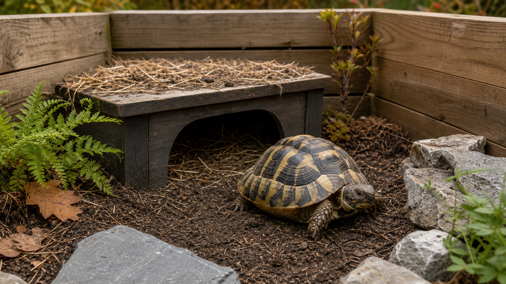 Brumation in Pet Reptiles: Safe Autumn Planning 2 Healthy temperate tortoise beside a secure seasonal refuge