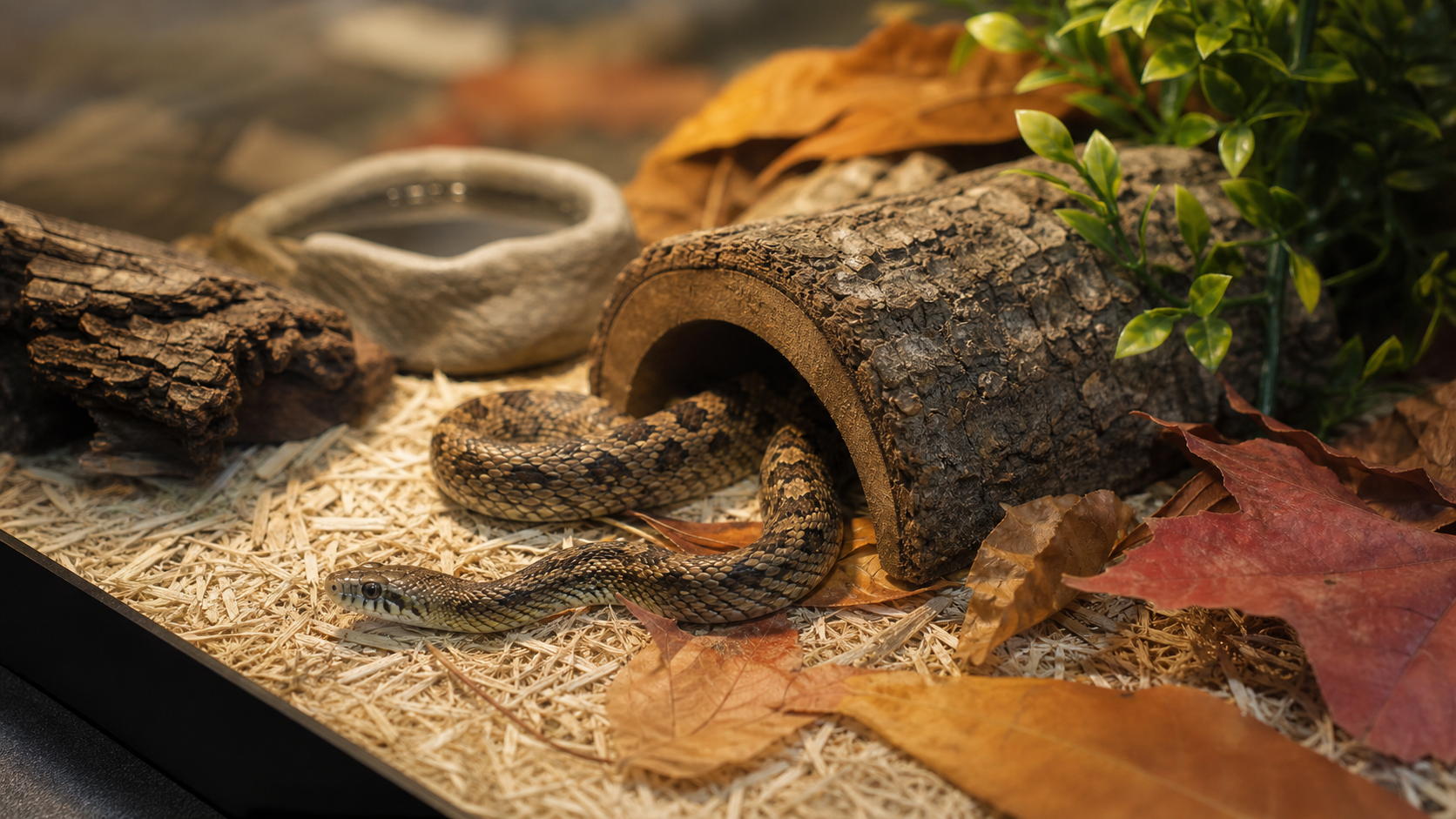 Brumation in Pet Reptiles: Safe Autumn Planning 3 Temperate snake beside a secure hide during seasonal enclosure preparation