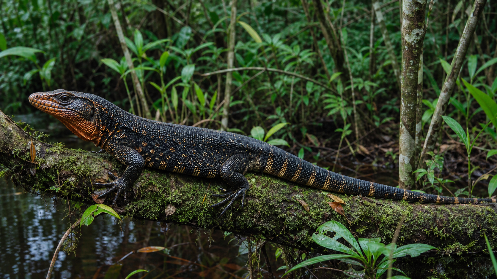 Caiman lizard beside freshwater vegetation