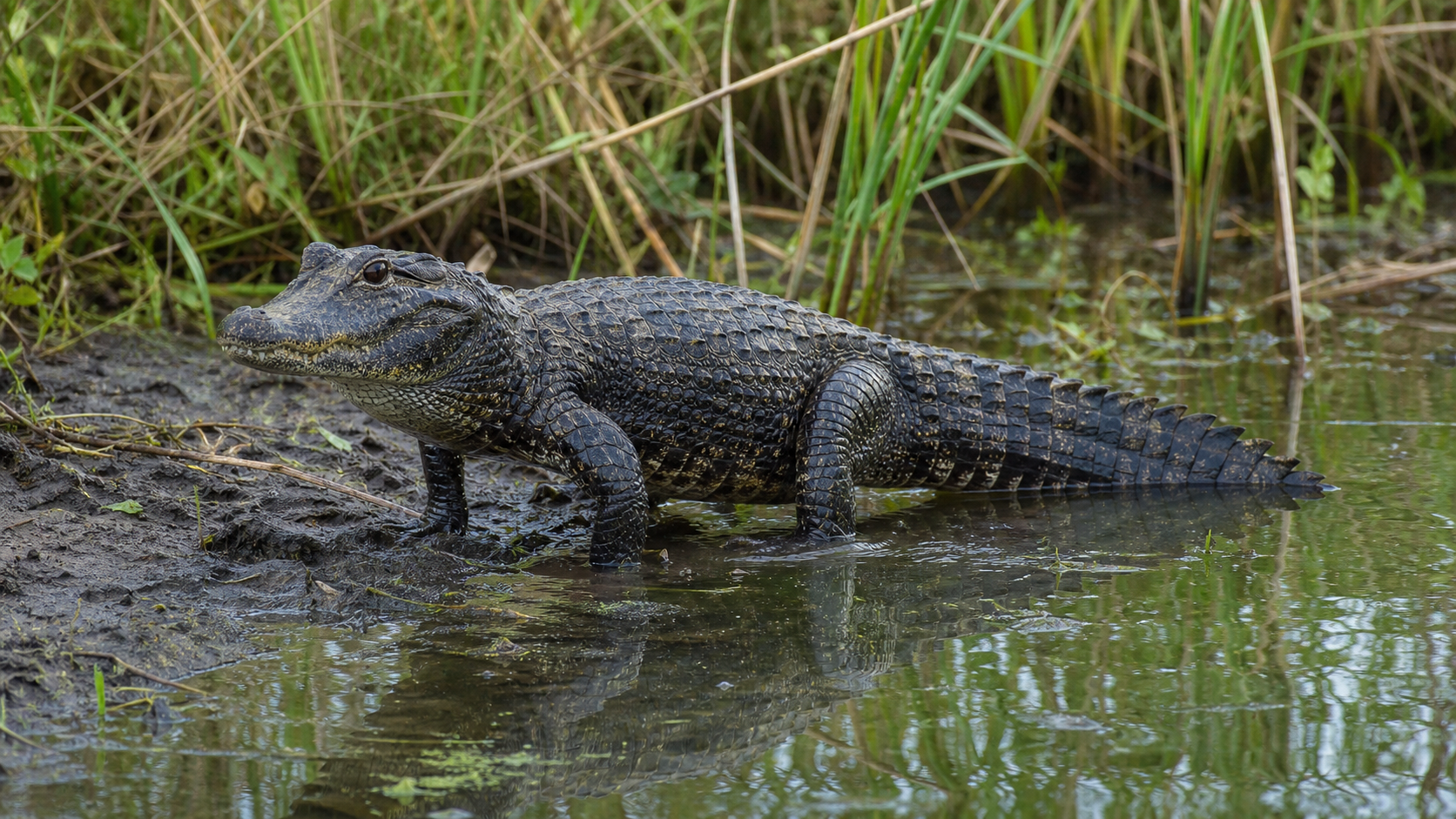 Chinese alligator in a reed-fringed freshwater wetland