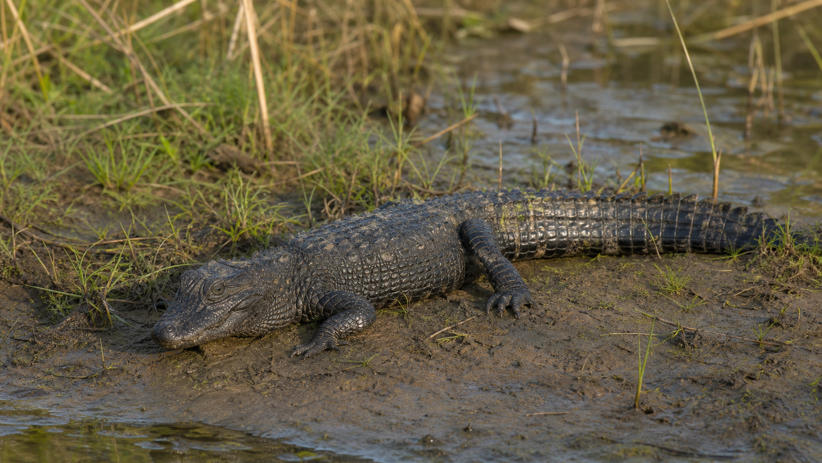 Chinese alligator on a muddy freshwater wetland bank
