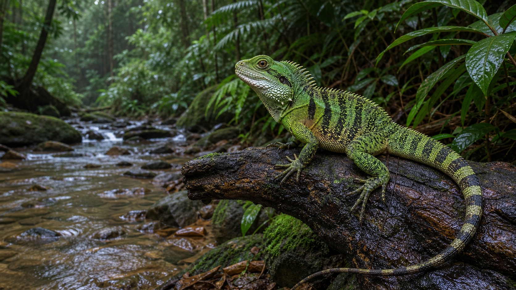 Chinese Water Dragon Underwater Breather 1 Chinese water dragon beside a forest stream