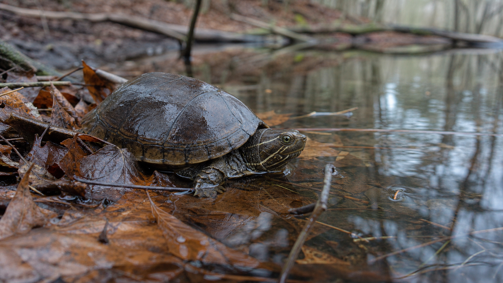 Common Musk Turtles: Small Freshwater Stinkpots 3 Common musk turtle at a quiet pond margin