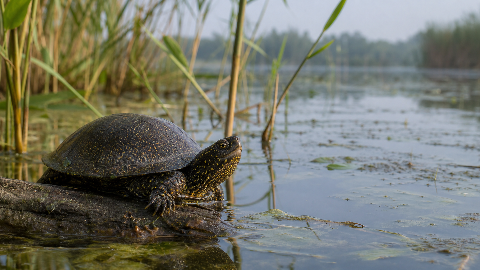 Danube Delta Wetlands: Reptiles and Wildlife 5 European pond turtle in Danube Delta wetland reeds