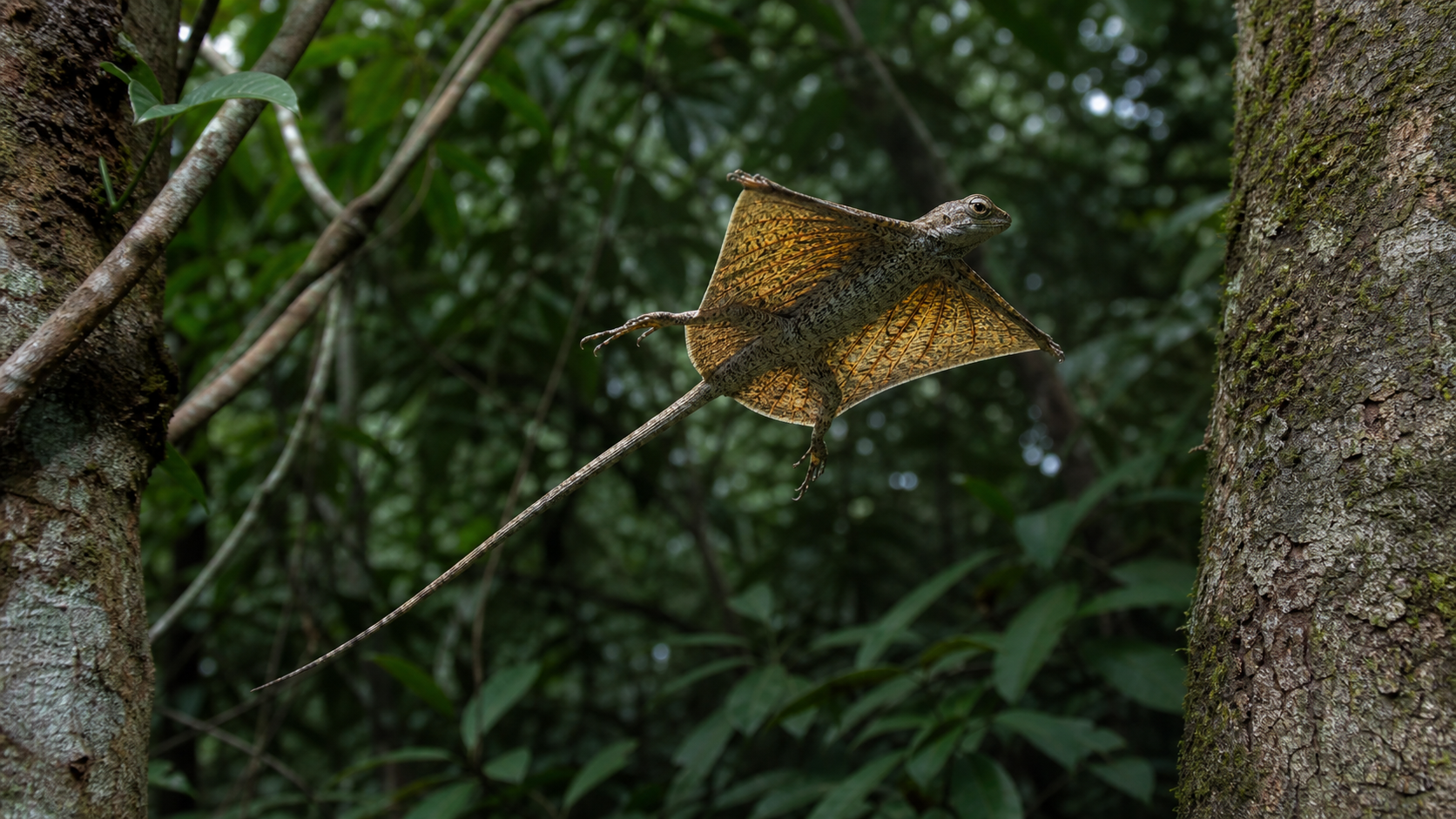 Draco Lizards: Forest-Canopy Gliders 1 Draco lizard gliding between rainforest trees with its patagium spread