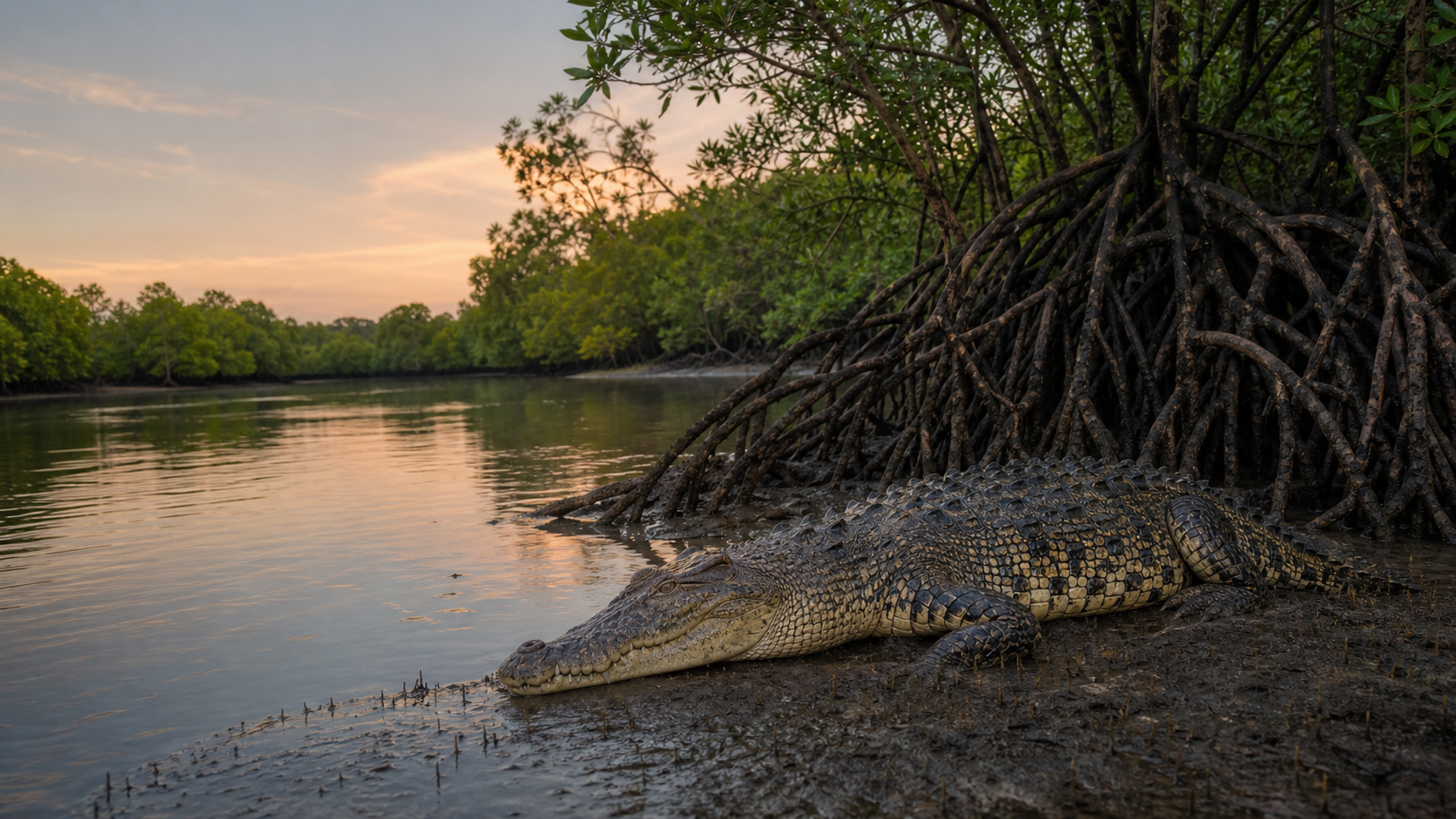 Estuarine crocodile beside mangrove roots at dusk