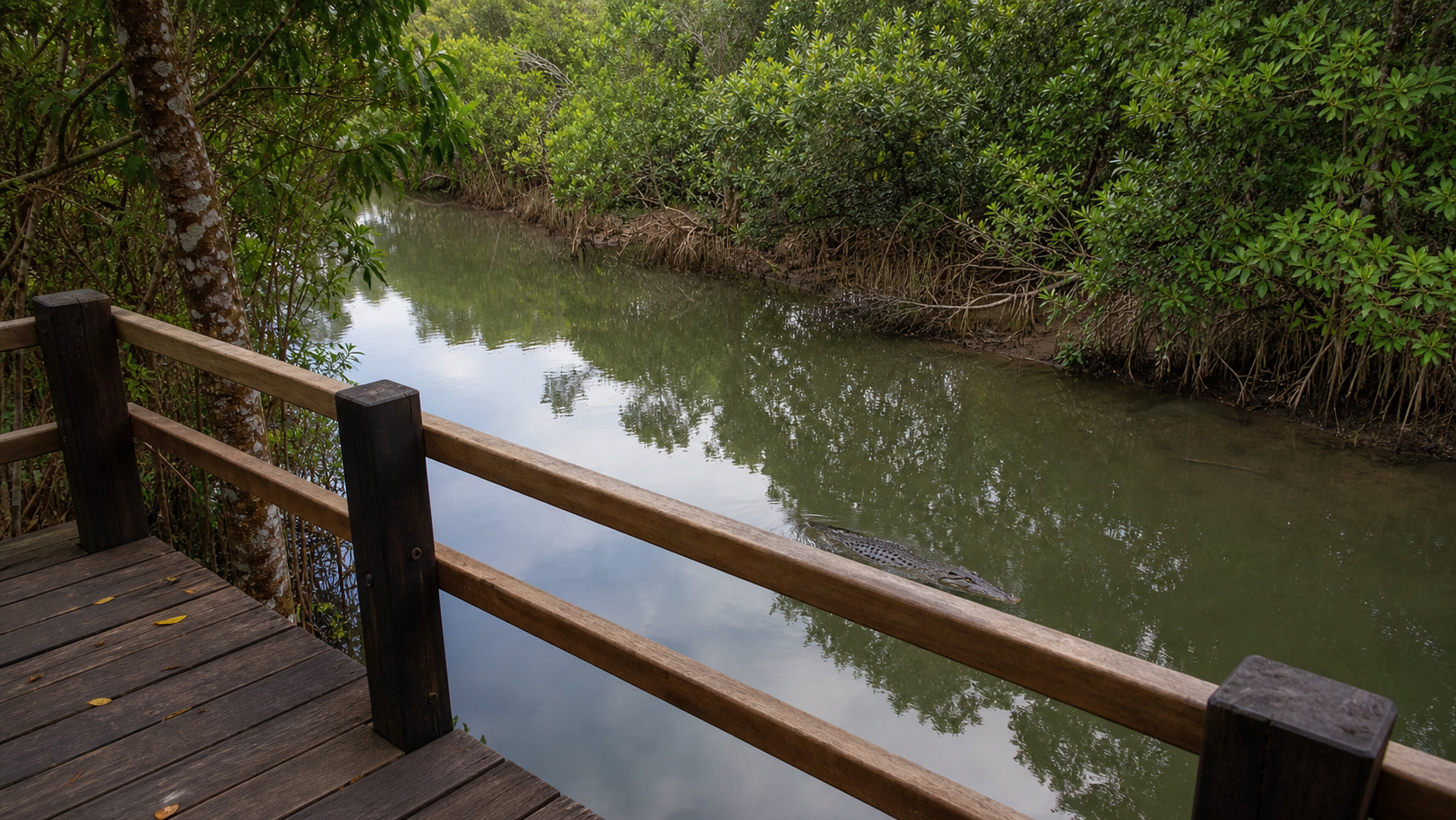 Raised viewing platform above a mangrove creek where a crocodile is visible at a safe distance