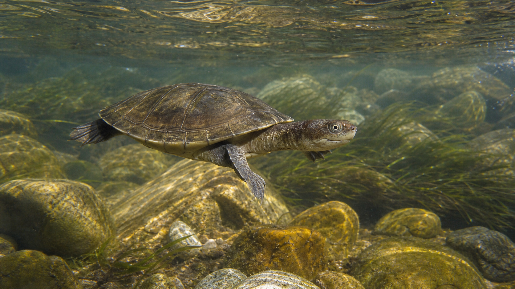 Fitzroy River turtle in a clear Queensland river