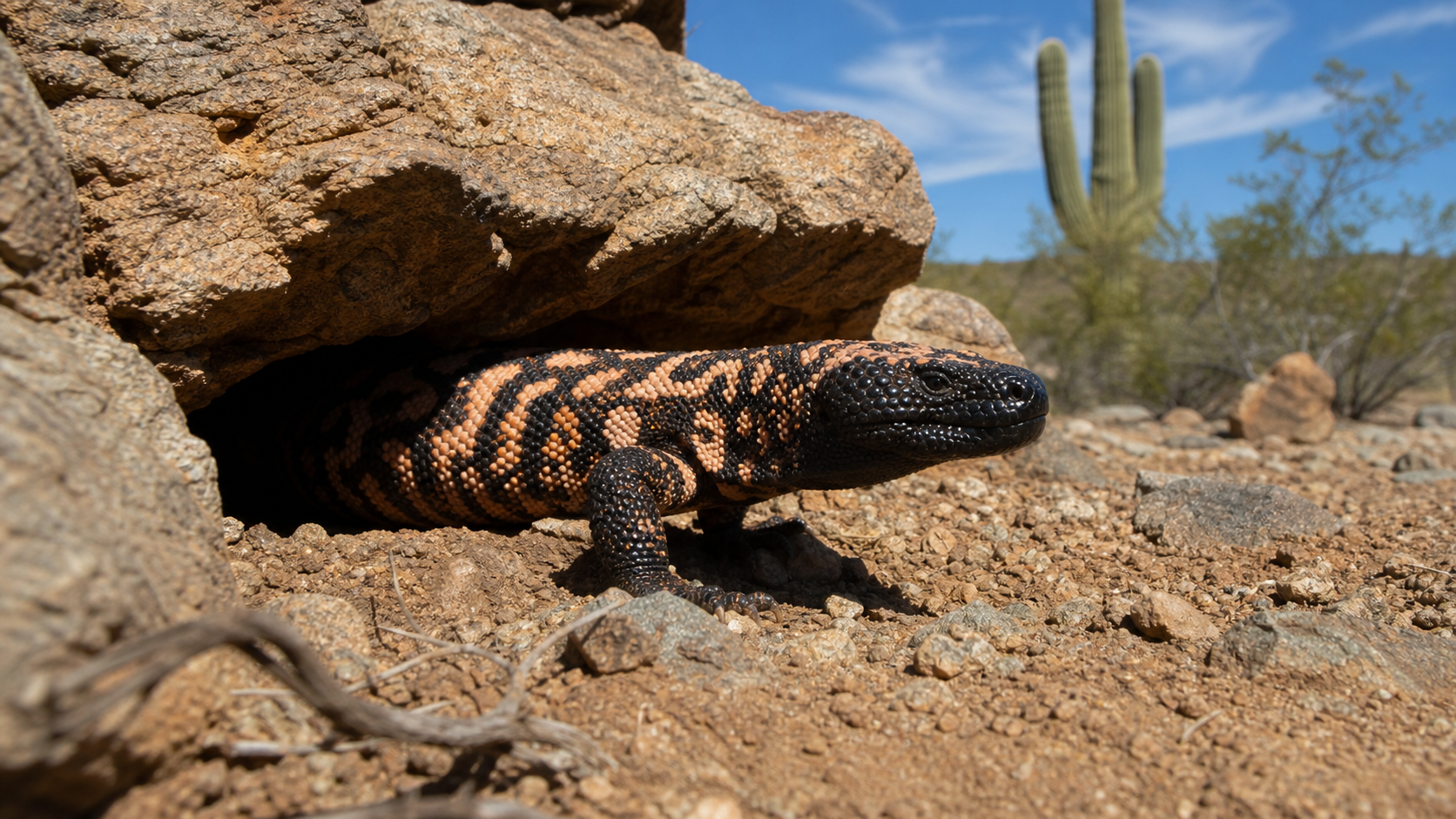 Gila Monsters of the Sonoran Desert 7 Gila monster emerging from a desert rock crevice.