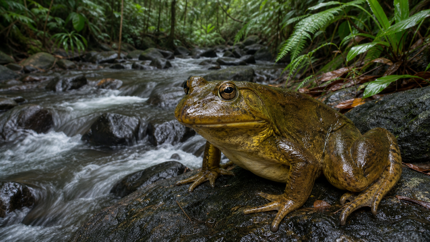 Goliath Frogs Cameroon and Equatorial Guinea Rainforests 3 Goliath frog beside a rainforest stream