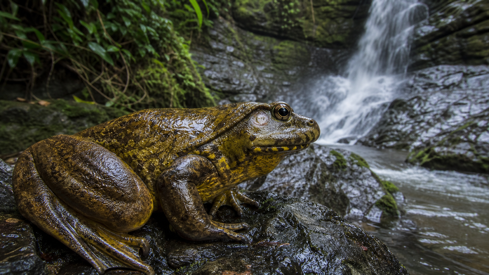 Goliath Frogs Cameroon and Equatorial Guinea Rainforests 4 Goliath frog on a rocky rainforest stream bank