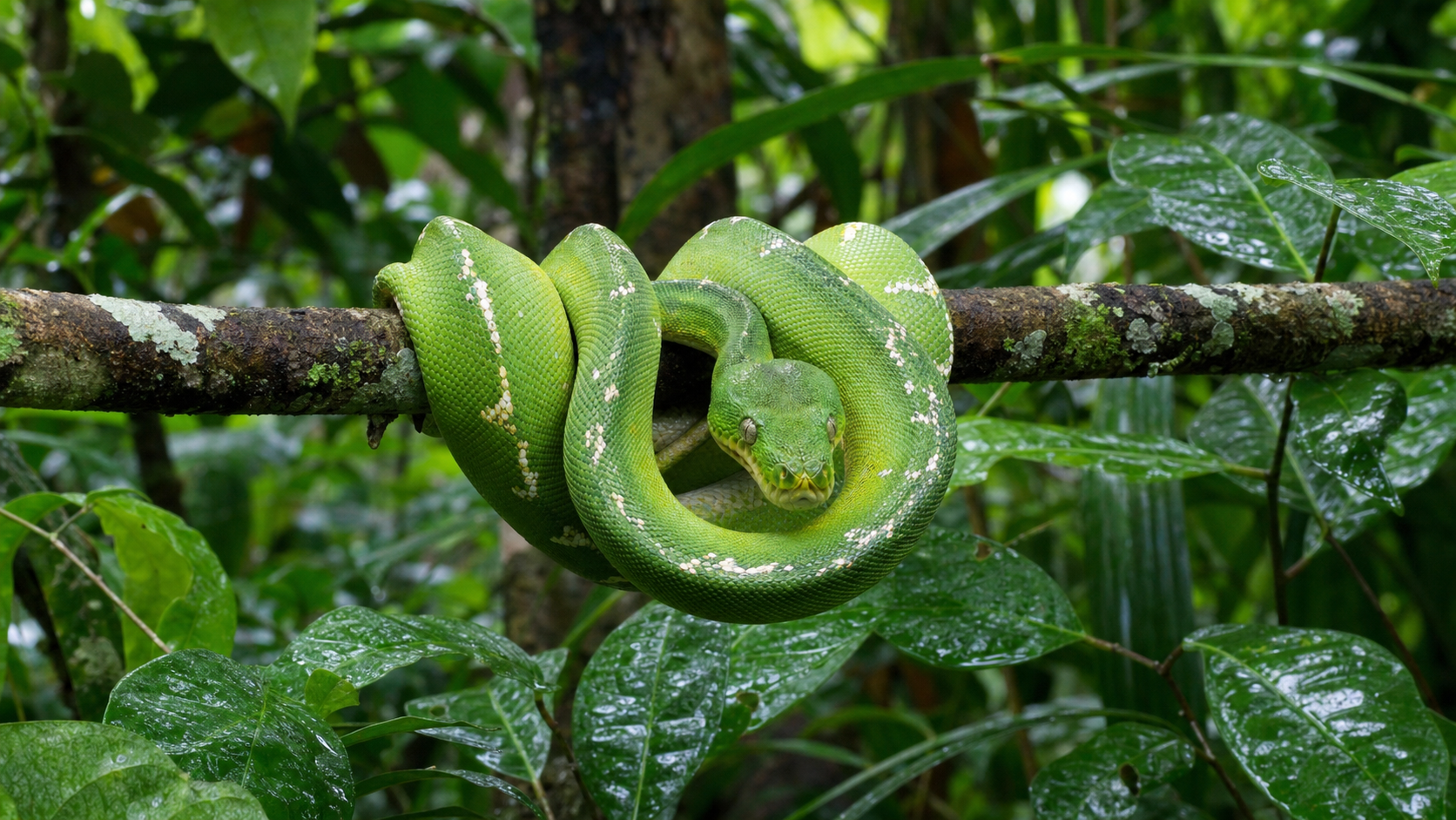 Green Tree Pythons: Ambush Predators 4 Green tree python coiled on a rainforest branch