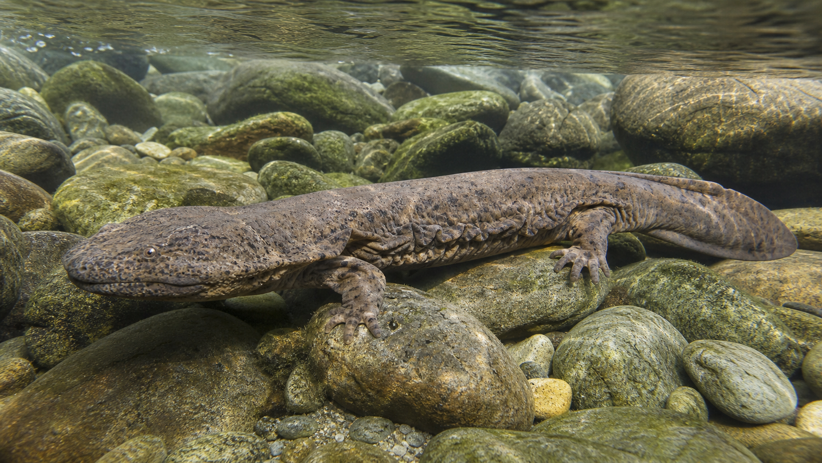 Hellbender Salamanders: River Giants of Eastern North America 2 Hellbender salamander with smooth wrinkled skin in a stream