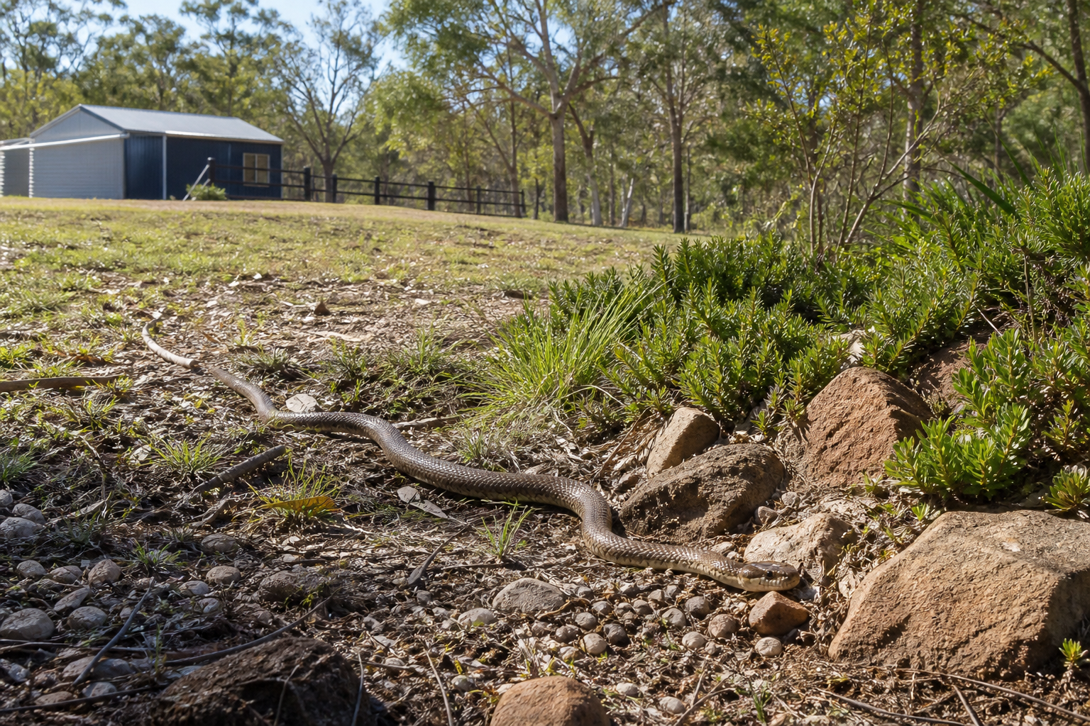 Mitigating Human-Reptile Conflicts 2 Snake moving safely away from a tidy rural property
