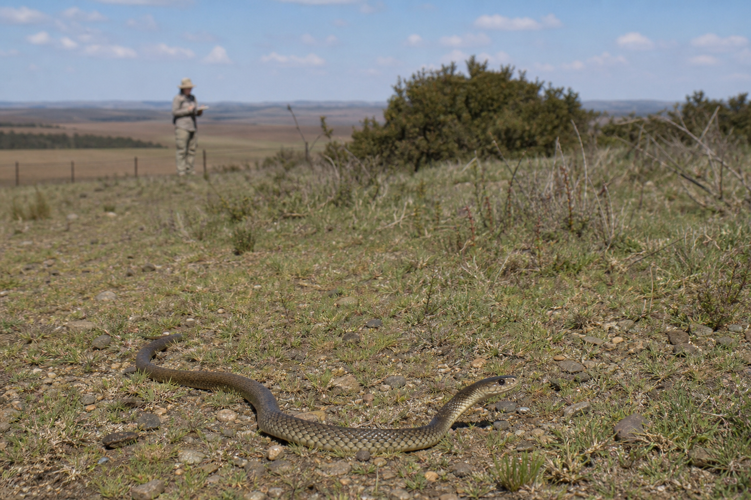 Mitigating Human-Reptile Conflicts 3 Wildlife professional observing a snake from a safe distance