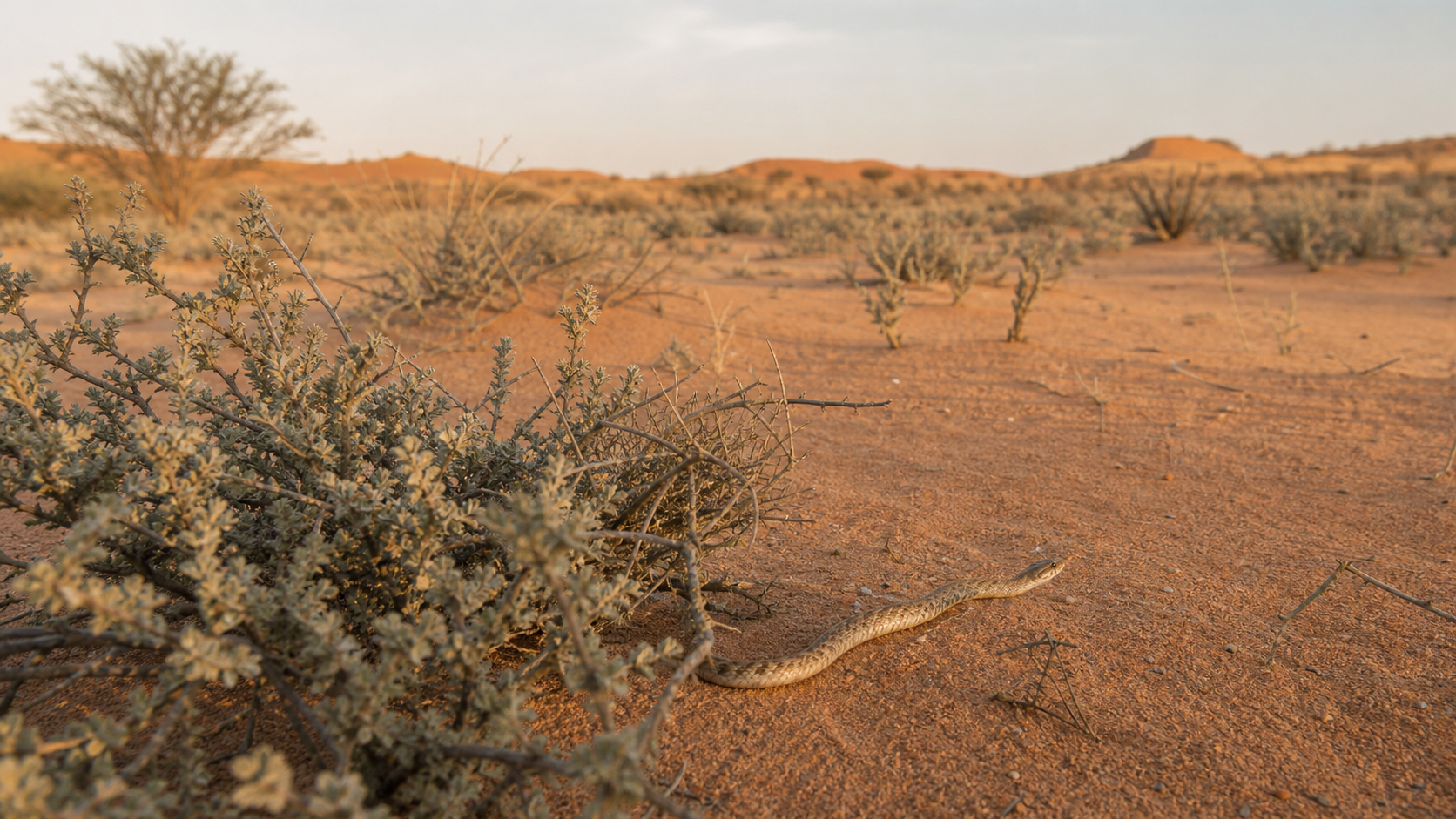 Reptiles of the Kalahari: Sand, Savanna and Scrub 4 Semi-arid Kalahari habitat with a snake near native shrubs
