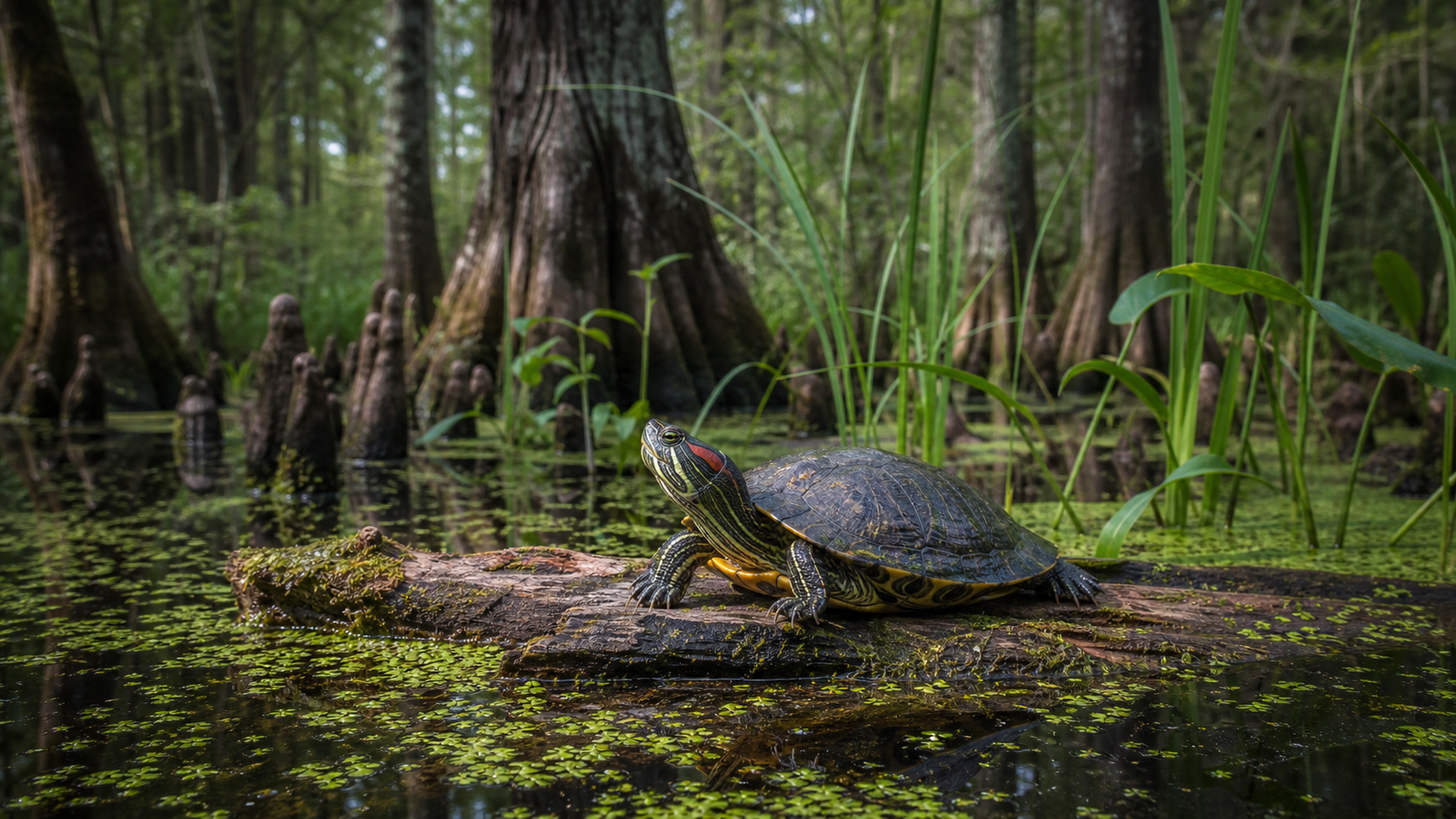 Reptiles of Louisiana Bayous 2 Louisiana wetland reptile among cypress and marsh vegetation