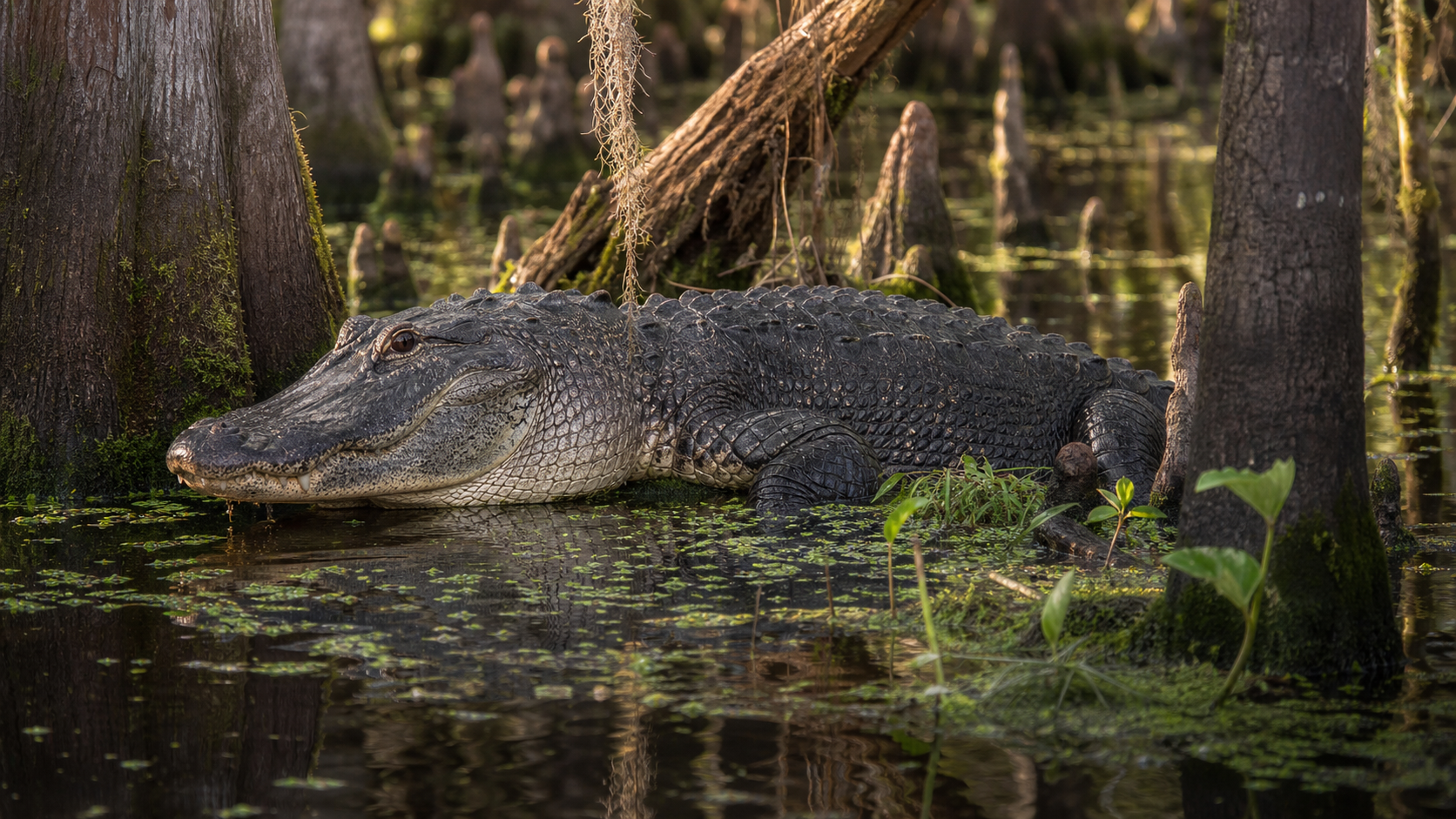 Reptiles of Louisiana Bayous 3 American alligator in Louisiana bayou habitat