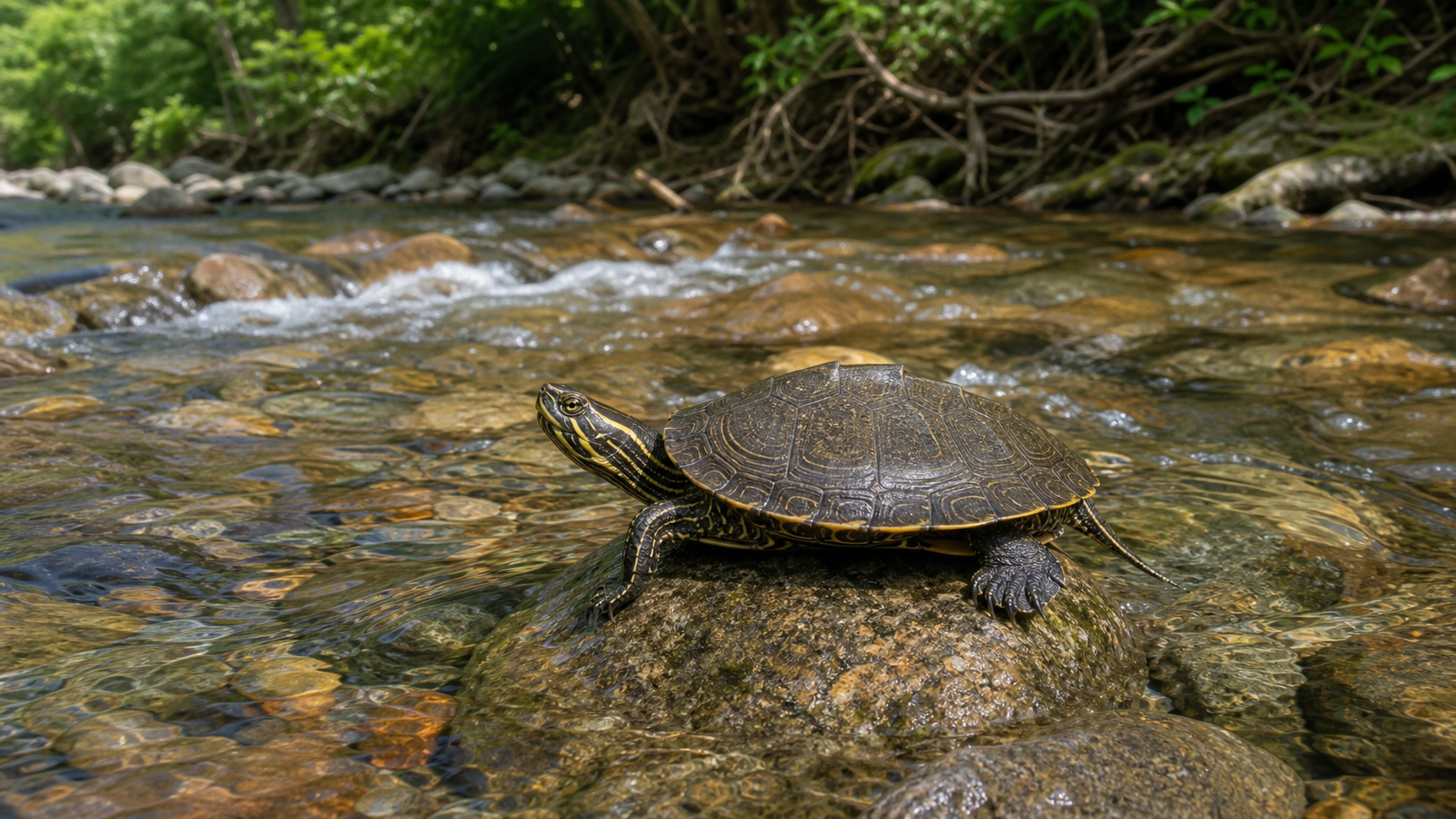 Map turtle in a flowing stream