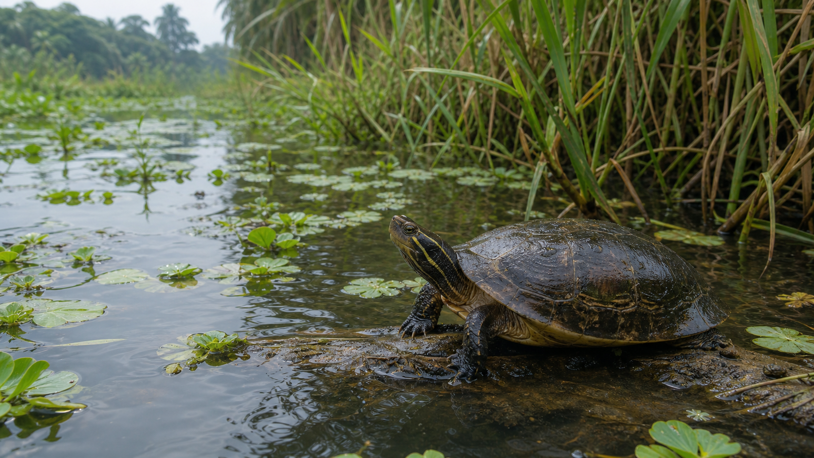 Freshwater turtle in a Mekong Delta wetland