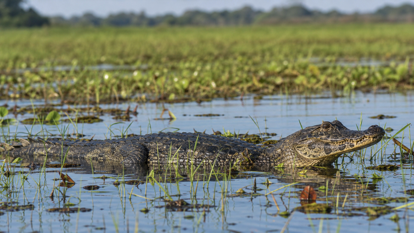 Reptiles of the Pantanal’s Seasonal Wetlands 1 Yacare caiman in a shallow Pantanal wetland