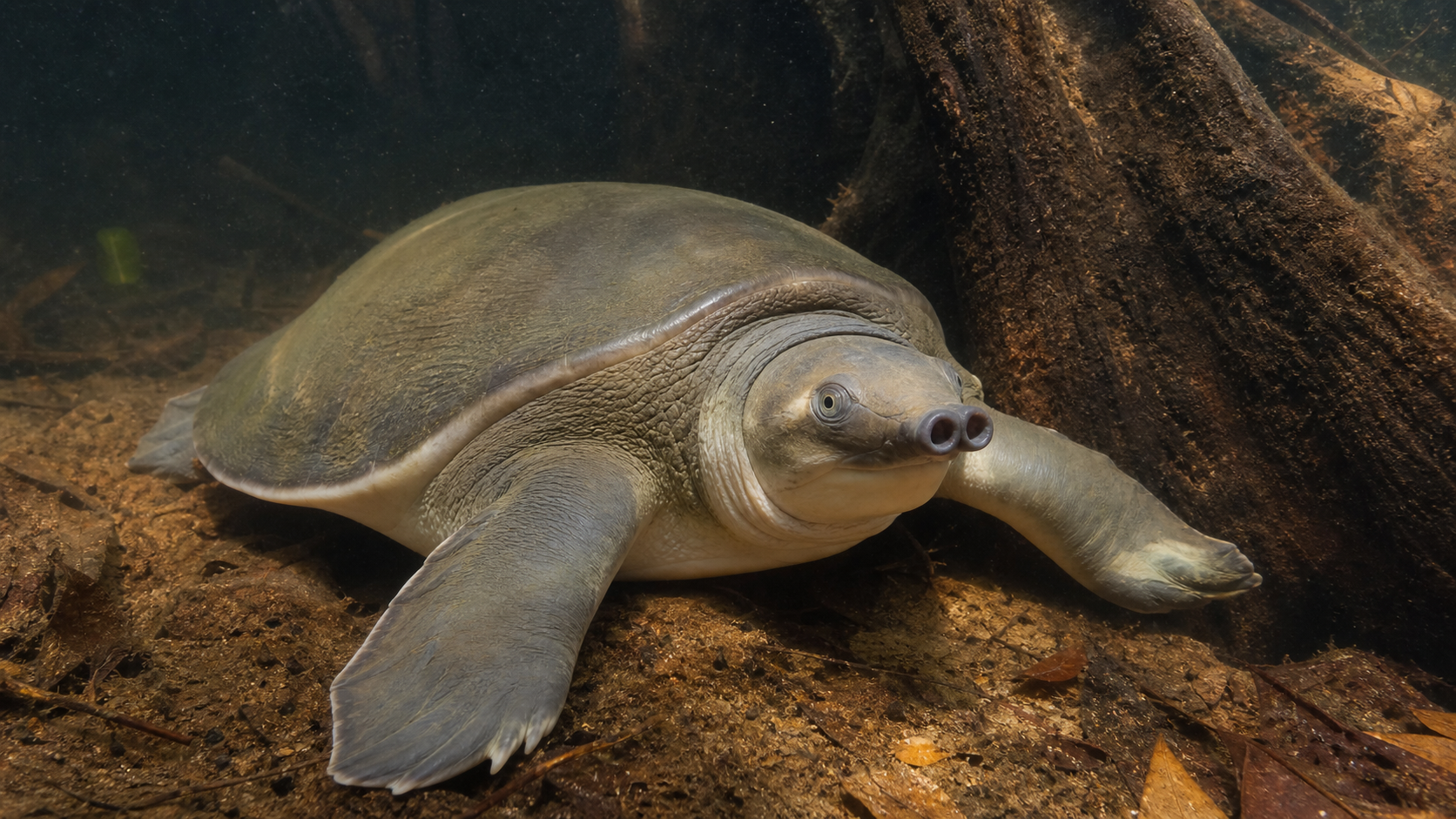 Pig Nosed Turtles New Guinea Rivers 4 Pig-nosed turtle surfacing in a tropical river