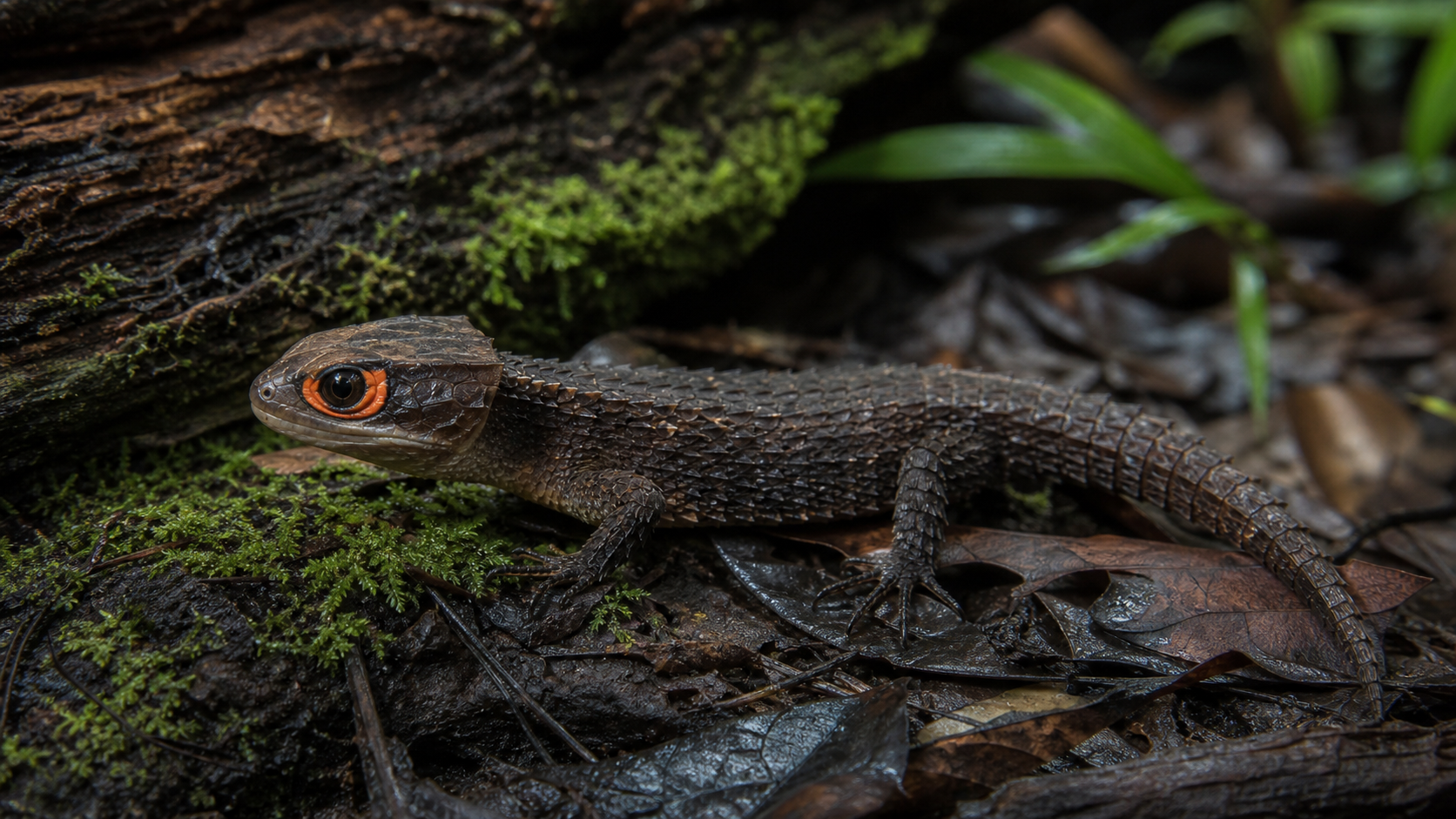 Red Eyed Crocodile Skink Dragon Look 1 Red-eyed crocodile skink on moss and leaf litter