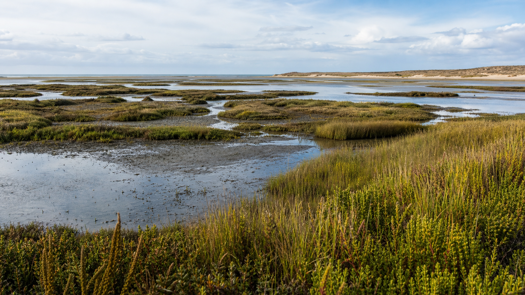 Recovering coastal wetland with native vegetation.
