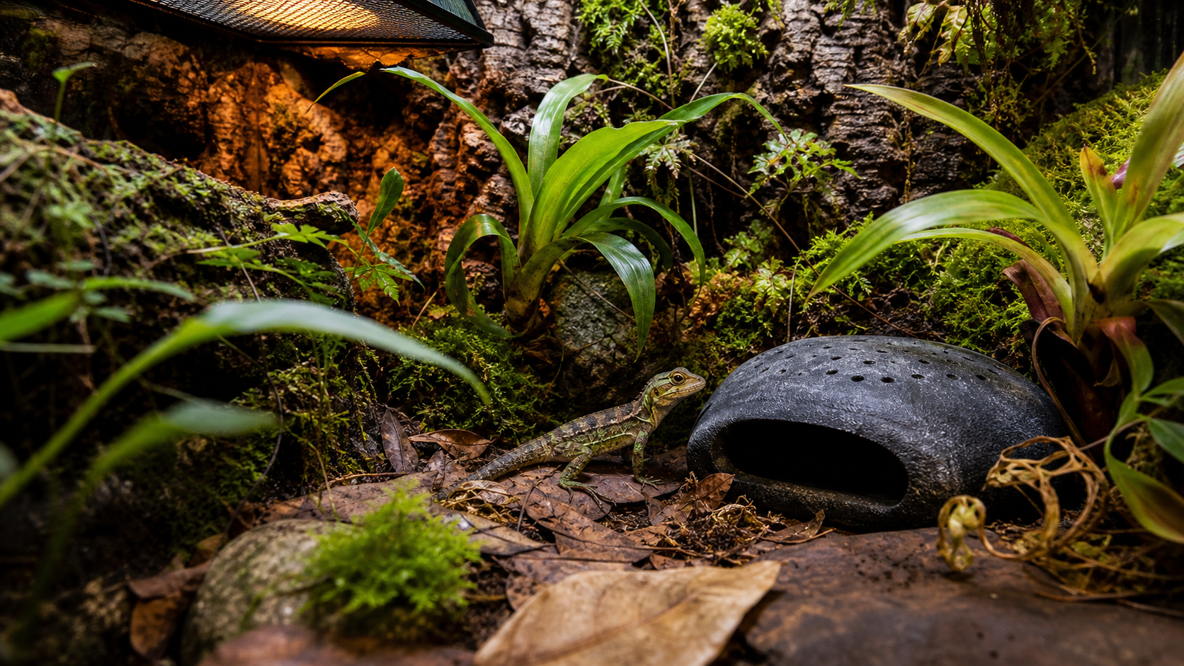 Humidity for Pet Reptiles: Species-Specific Care 2 Tropical lizard beside a ventilated humid hide in a planted enclosure