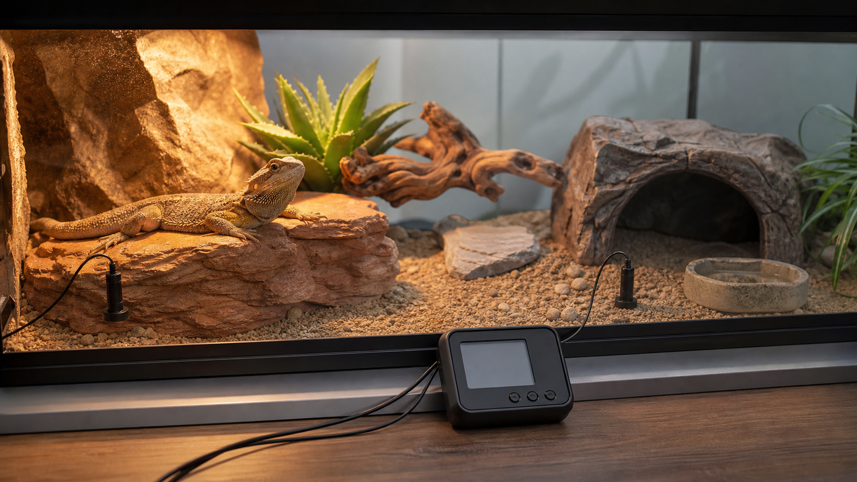 Temperature Gradients for Pet Reptiles 2 Digital probe measuring a reptile enclosure temperature gradient.