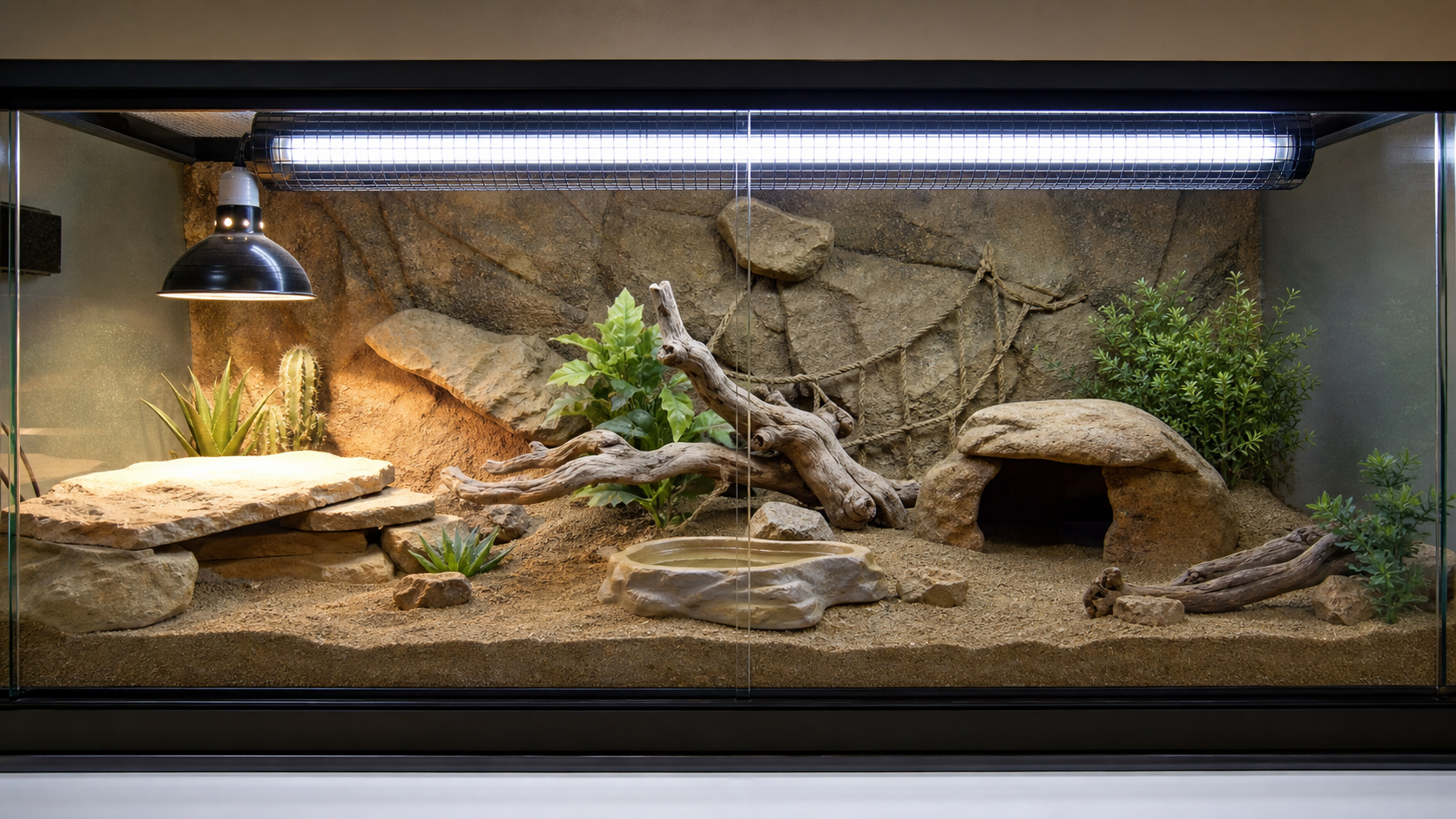 Lighting and UVB for Pet Reptiles 4 Reptile enclosure with a correctly placed UVB fixture and basking zone