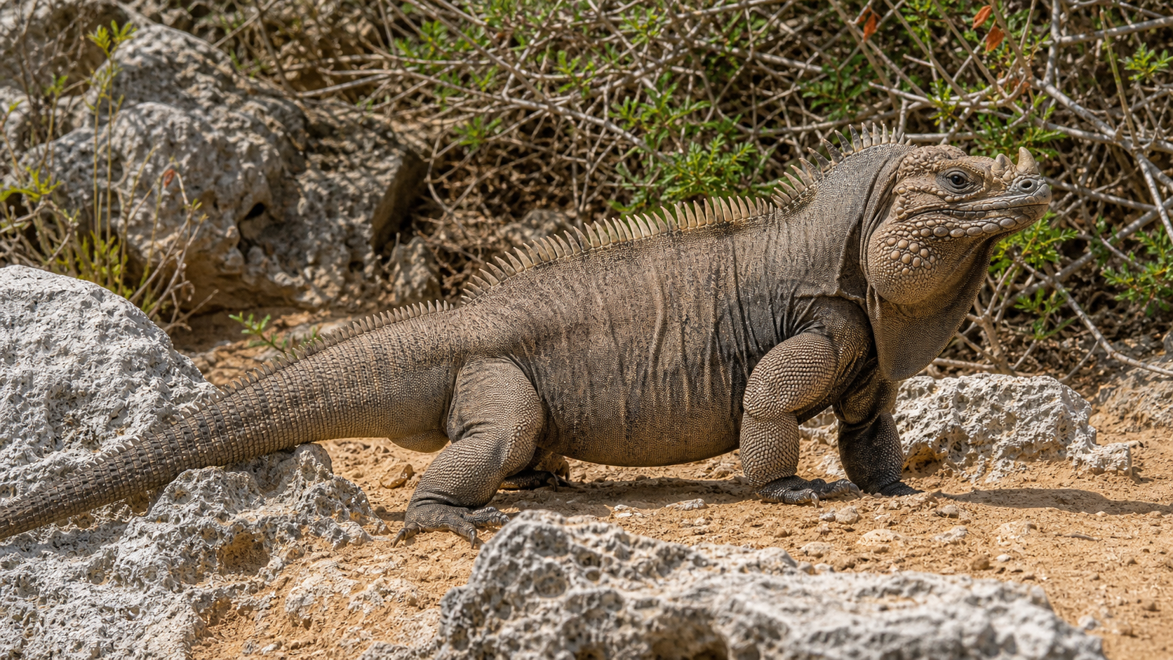 Rhinoceros Iguanas and Their Horn-like Scales 2 Rhinoceros iguana with short nasal horn-like scales in dry Caribbean scrub