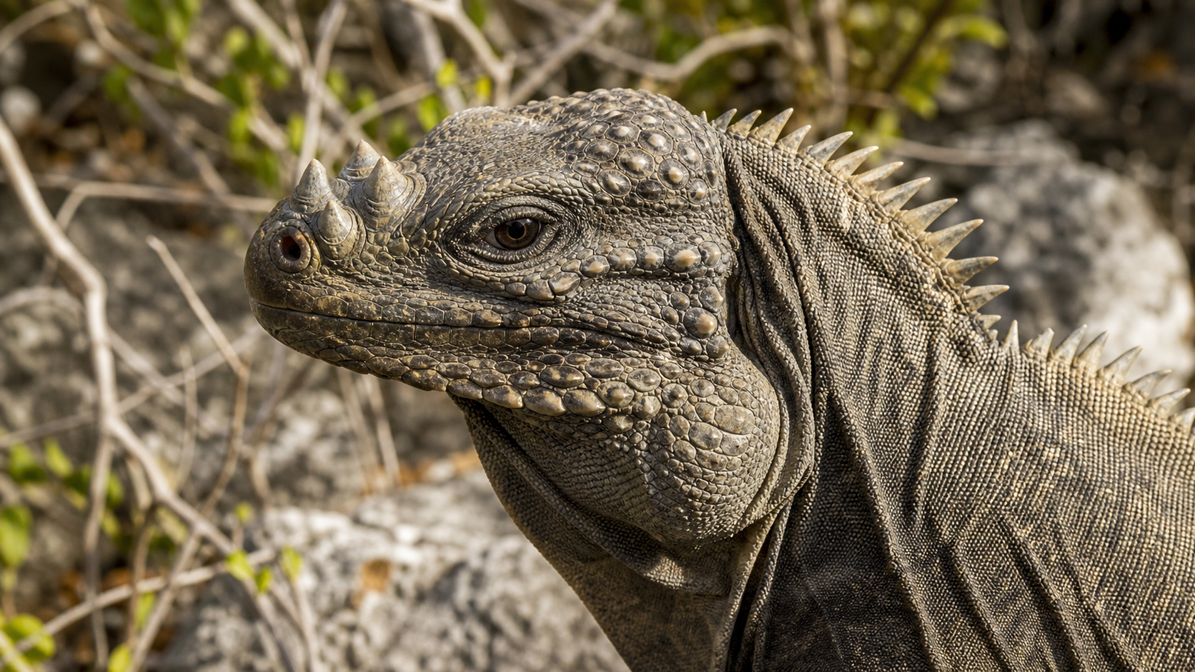 Rhinoceros Iguanas and Their Horn-like Scales 3 Rhinoceros iguana head in natural dry habitat