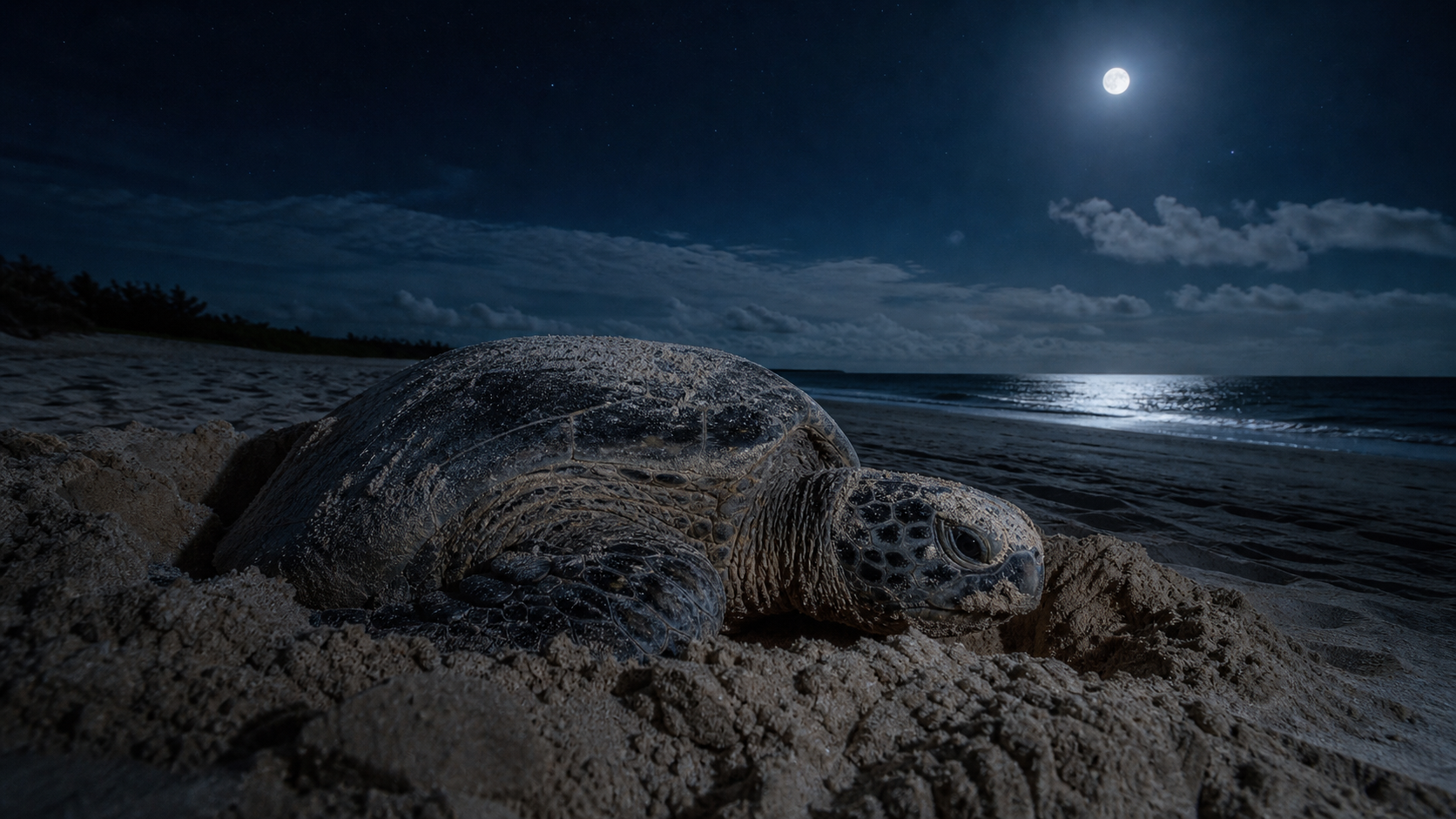 Sea turtle nesting on a beach at night.