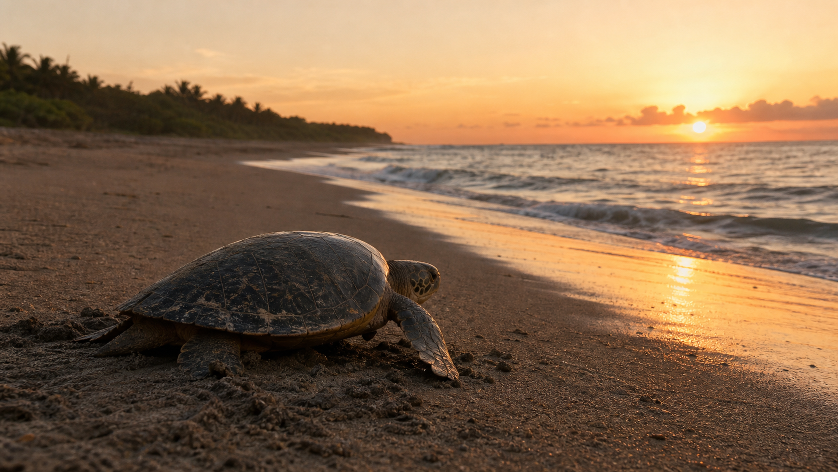 Sea turtle returning to the ocean at dawn.