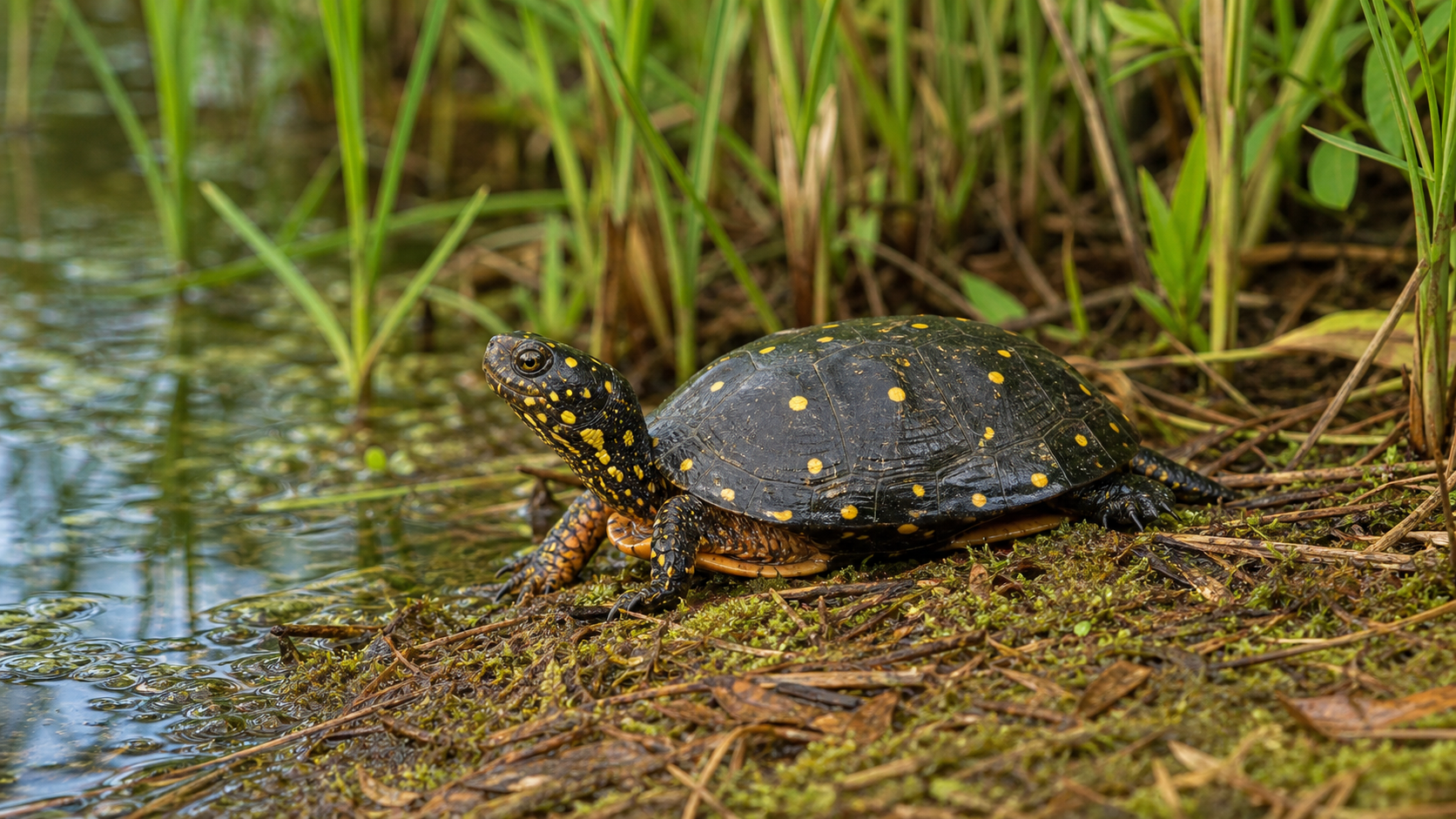 Spotted Turtles: Dappled Wetland Specialists 2 Spotted turtle beside wetland vegetation