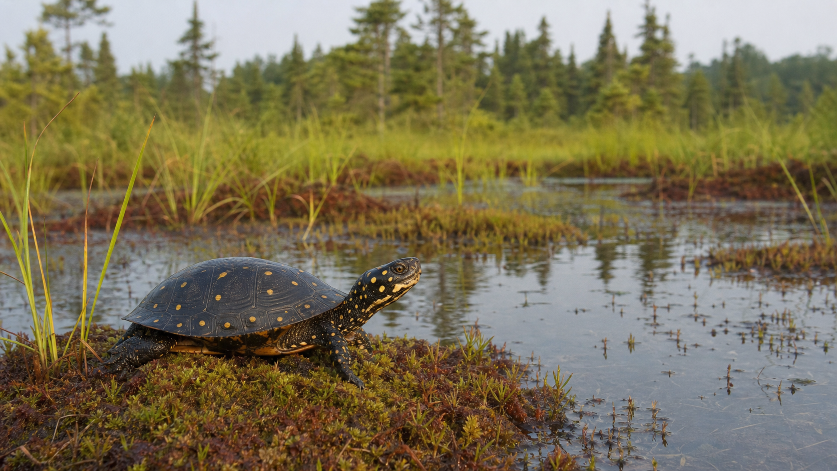 Spotted Turtles: Dappled Wetland Specialists 5 Spotted turtle in protected marsh habitat
