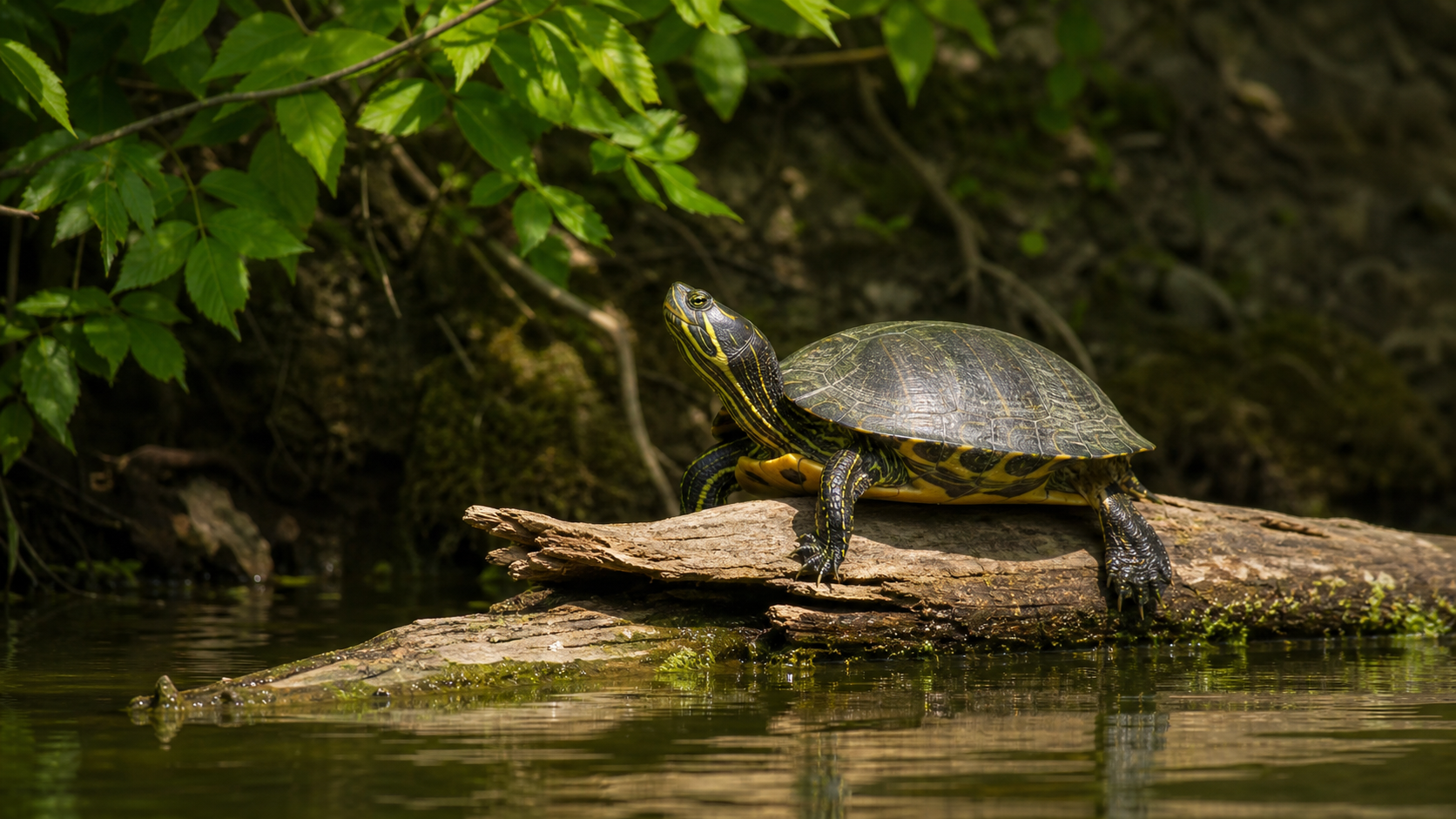 Summer Basking and Hydration for Pet Reptiles 4 Freshwater turtle basking on a log in summer.